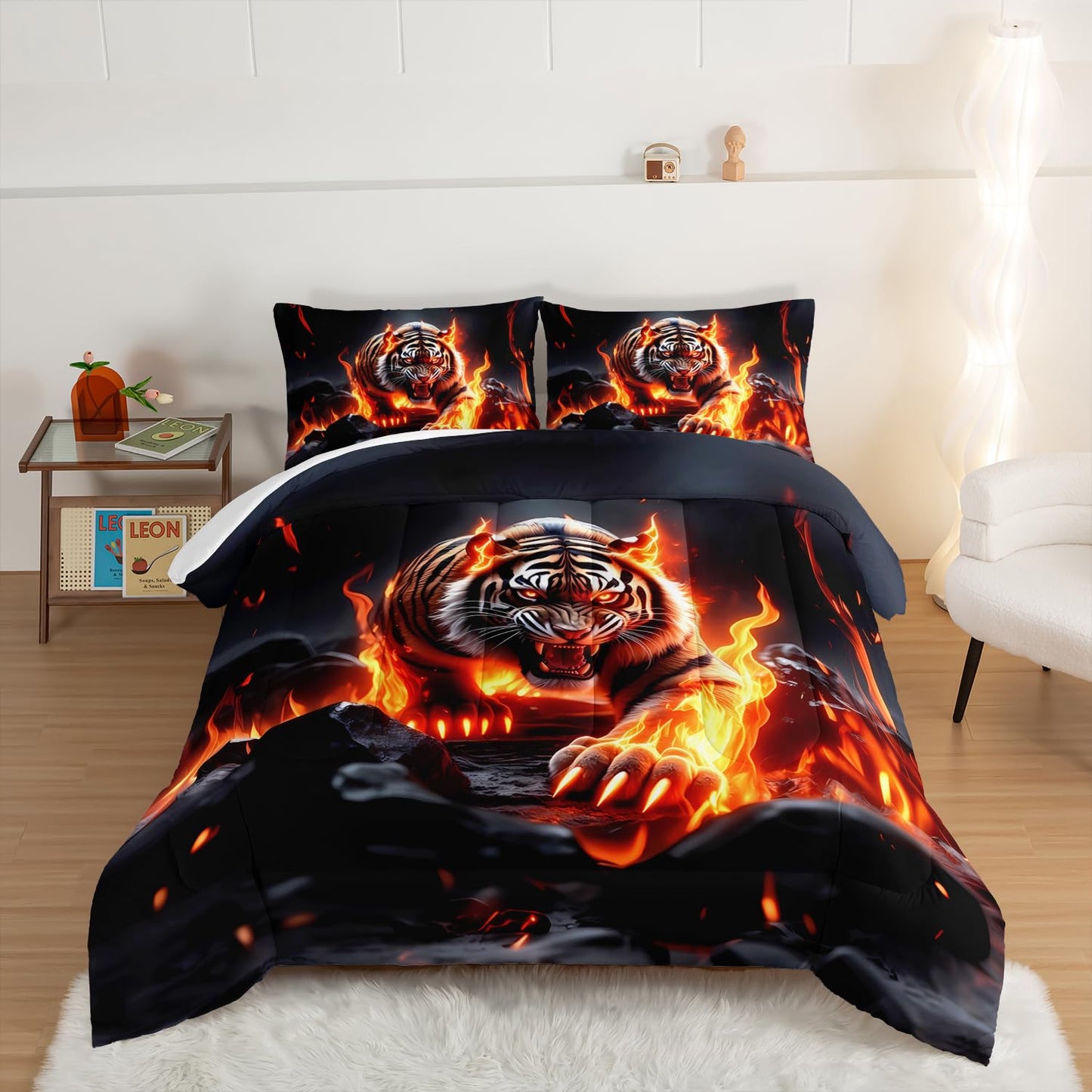 UEVBF Fierce Tiger Comforter Set Queen Size,Wild Animal Themed Bedding Sets for Kids Adults Boys Room Decor,with Flame Bed in a Bag Queen with 2 Pillowcases.