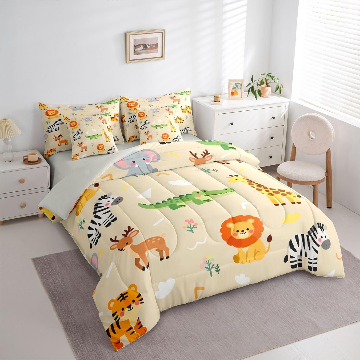 Erosebridal Kids Zoo Animal 7 Piece Comforter Set Twin for Nursery Bedroom | Cute Wild Animals Bedding Set Lion Elephant Crocodile Wildlife Sheets Safari Wild Print Quilt Natural Theme Bed Set