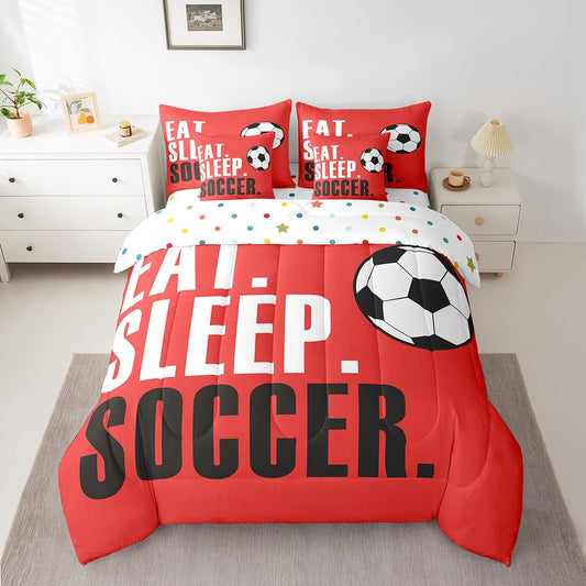 Feelyou Football Comforter Set 7 Piece Soccer Ball Sports Bedding Twin Comforter Set for Boys Girls Women Men Red Eat Sleep Football Bedding Set Ball Games Room Decor Bed in a Bag
