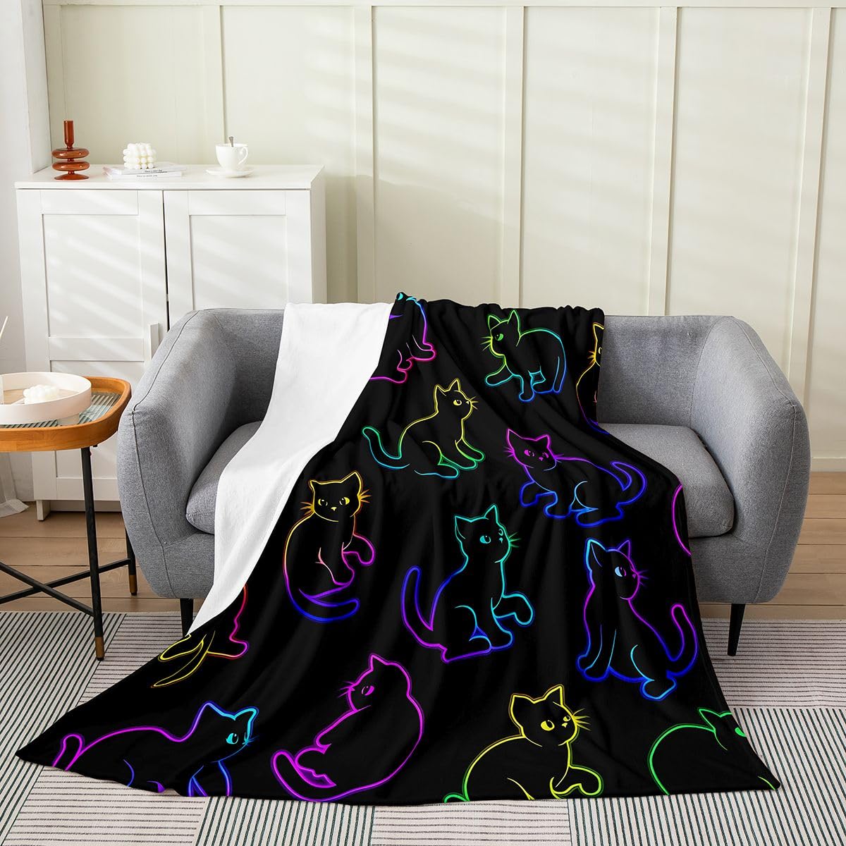 Feelyou Cat Flannel Fleece Throw Blanket Halloween Themed Throw 50"x60" Trick or Treat Fleece Throw Blanket for Kids Women Men Scaredy Cat for Bed Couch Chair Living Room Cute Kitten Bedroom Decor