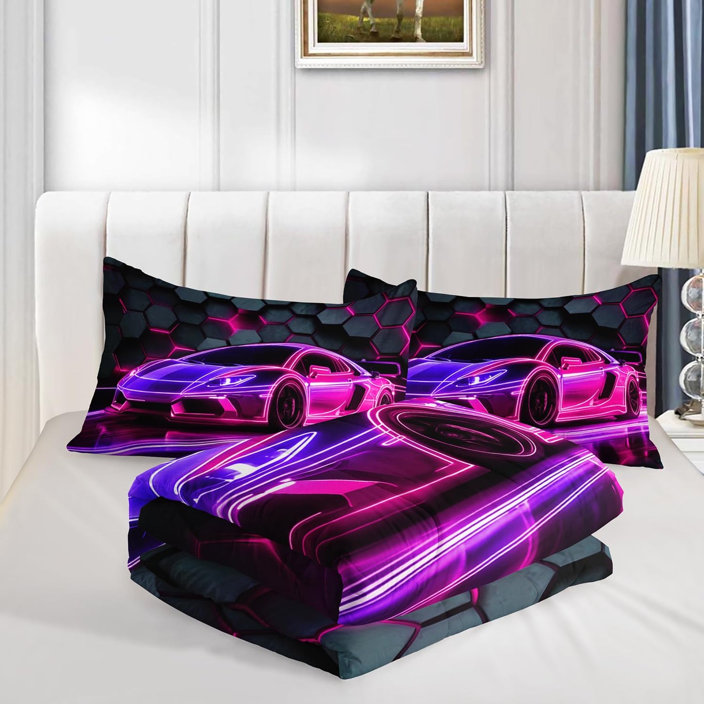 HOSIMA Race Car Bedding Sets for Boys,Honeycomb Geometric Background Pattern Cool Extreme Sports Bedding Queen for Kids Men Car Themed Room Decor,Gaming Comforter with 2 Pillowcases.