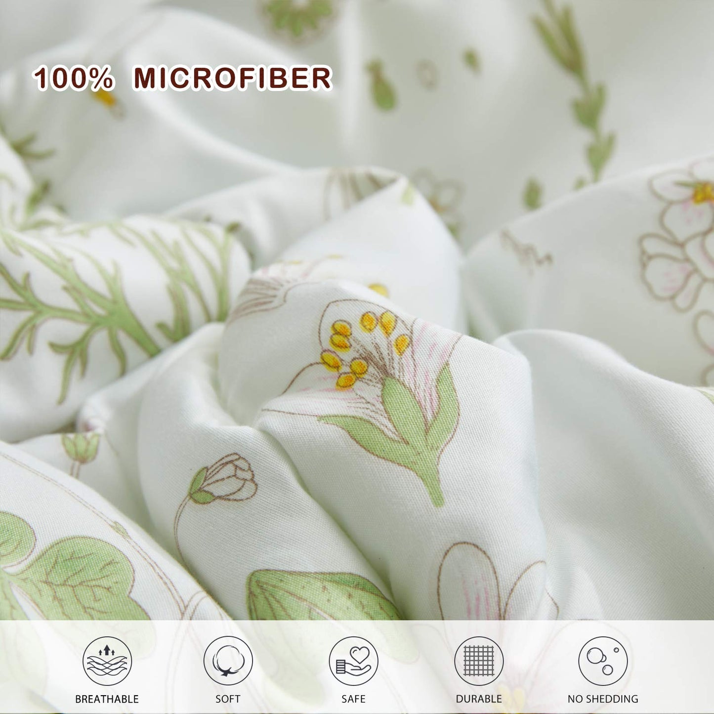 Joyreap 7 Piece Botanical Bed in a Bag Queen, Green Leaves Yellow Flower on Green Tint, Smooth Soft Microfiber Comforter Sheet Set for All Season