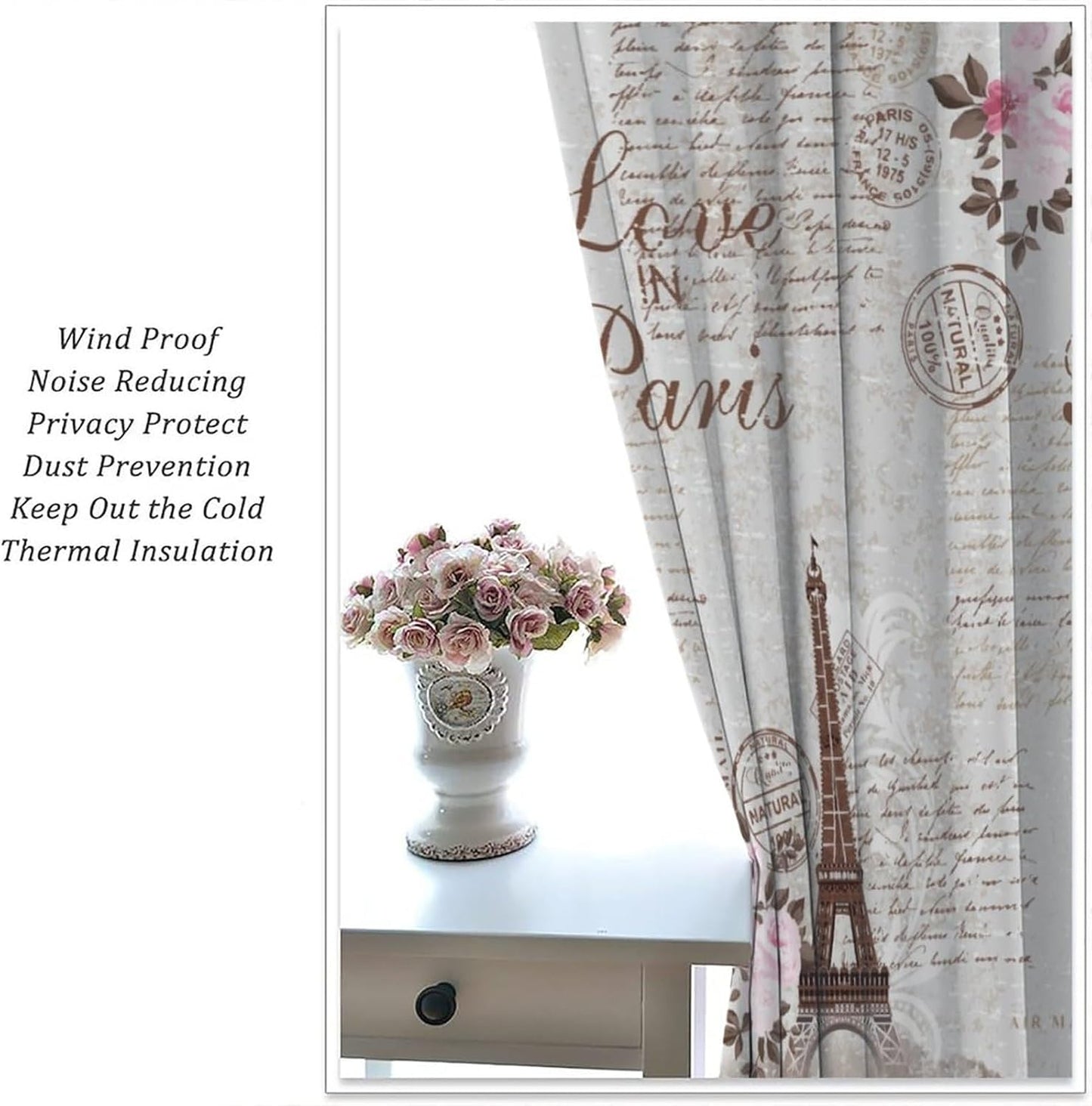 HZOHNAGO Paris Eiffel Tower Curtains Retro Pink Flowers Towers Pattern Blackout Print Rod Pocket Window Drapes for Bedroom Living Room 42x45in