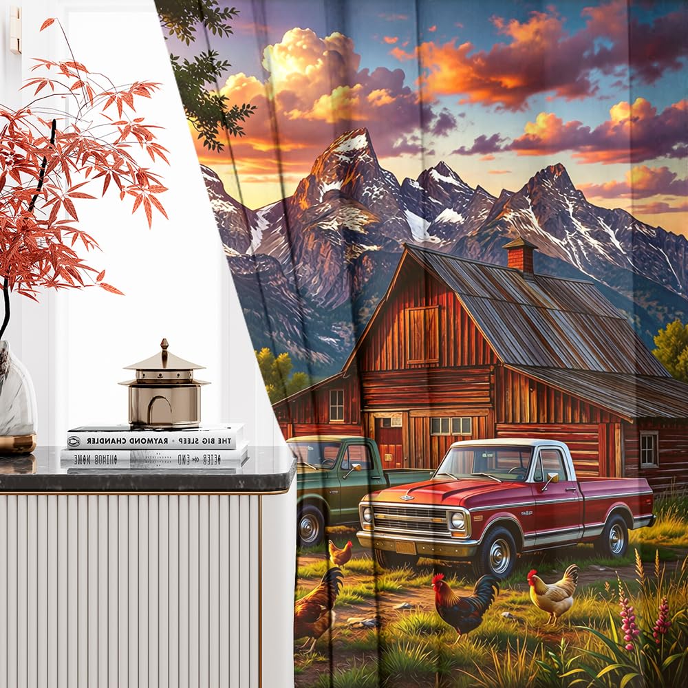 KuracleGH Vintage Farmhouse Wheel Truck Rod Pocket Curtains-Cabin Autumn Mountain Sunset Blackout Curtains & Drapes for Bedroom,Rustic Farm Animal Rooster Window Curtain,2pcs,Each 21“W x 45”L