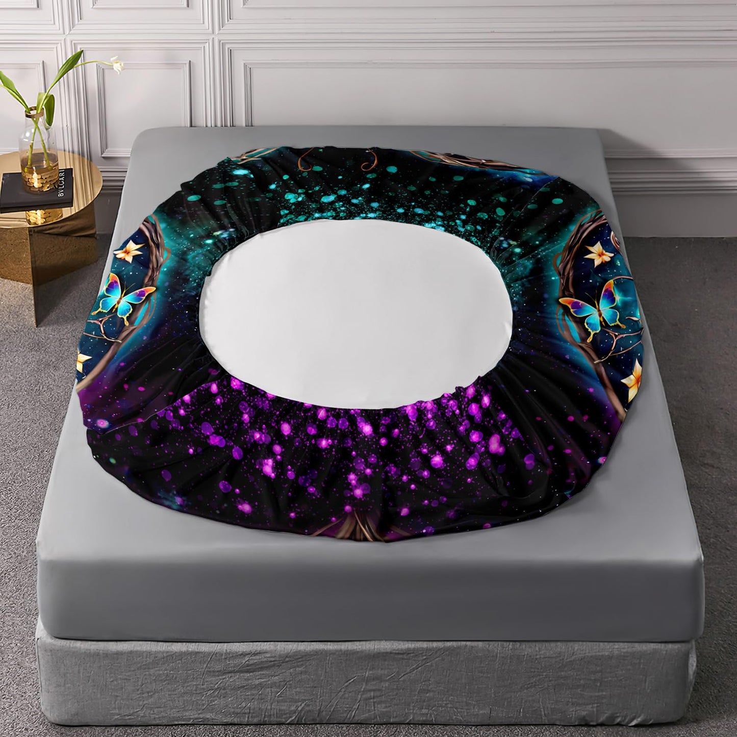 UEVBF Aesthetic Butterfly Bedding Twin Fitted Sheet,Romantic Love Flower Glitter Bed Fitted Sheet for Kids Teens Girls Room Decor,Blue Butterfly Fitted Sheet Sets,1 Fitted Sheet+2 Pillowcases.