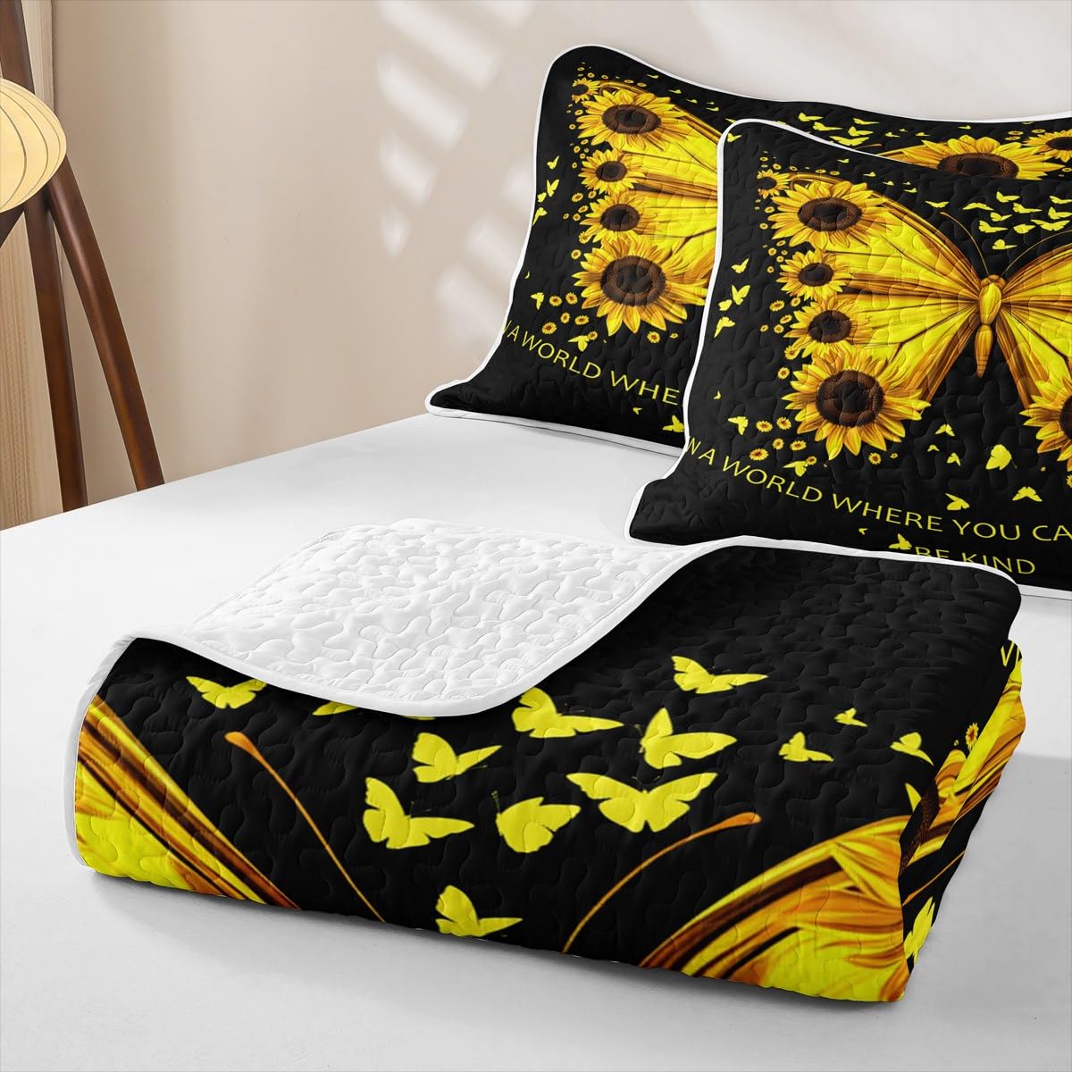 Erosebridal Girl Sunflower Quilt Set Women Butterfly Quilt Full Blossom Floral Quilted Bedspread Rustic Farmhouse Bedding Coverlet with 2 Pillowcases
