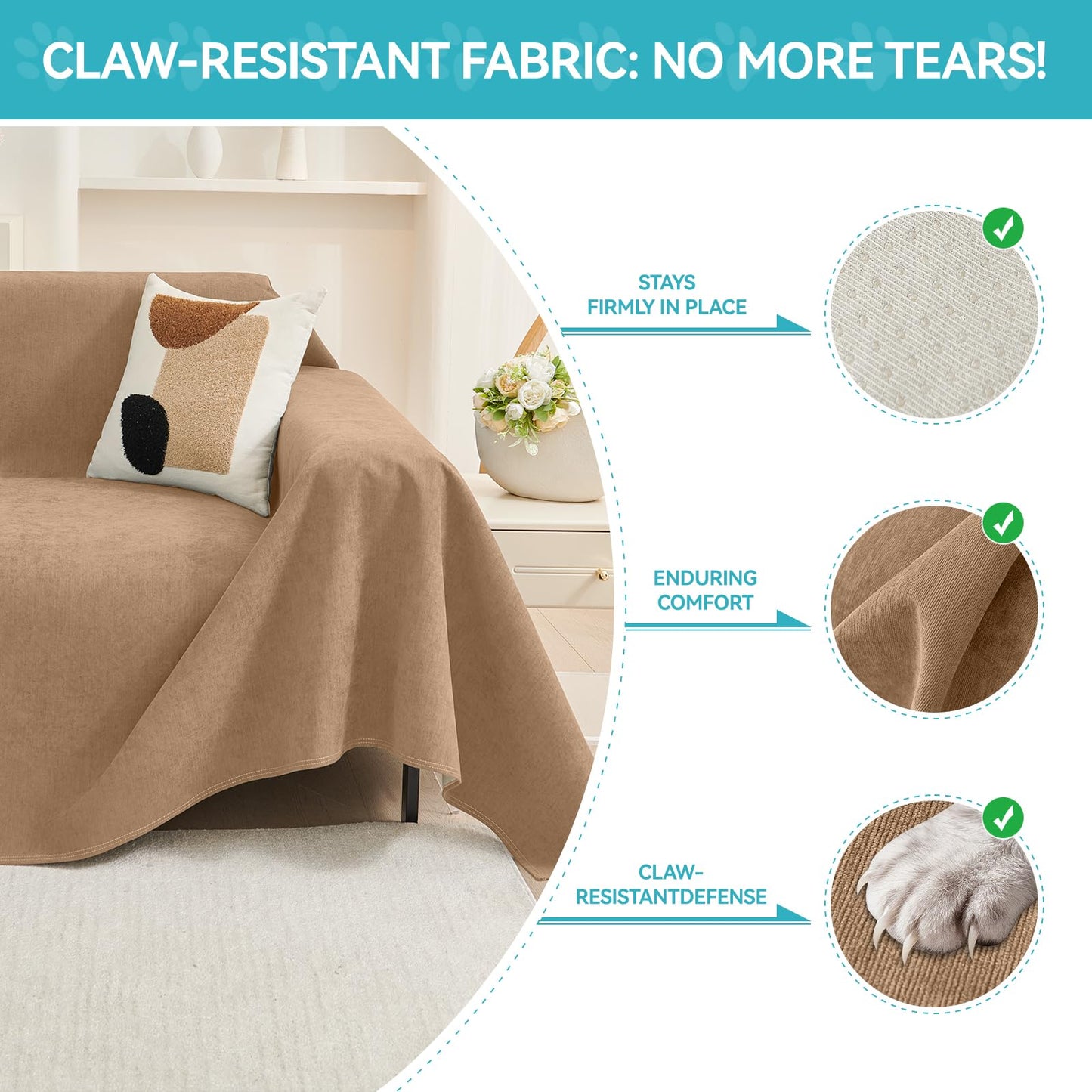 Warmstar Couch Protector from Cat Claws, Waterproof Couch Cover Anti Slip,Couch Cover 3 Cushion Sofa Washable,Anti-Scratch Pet Sofa Cover Heavy Duty,91"X150", Brown