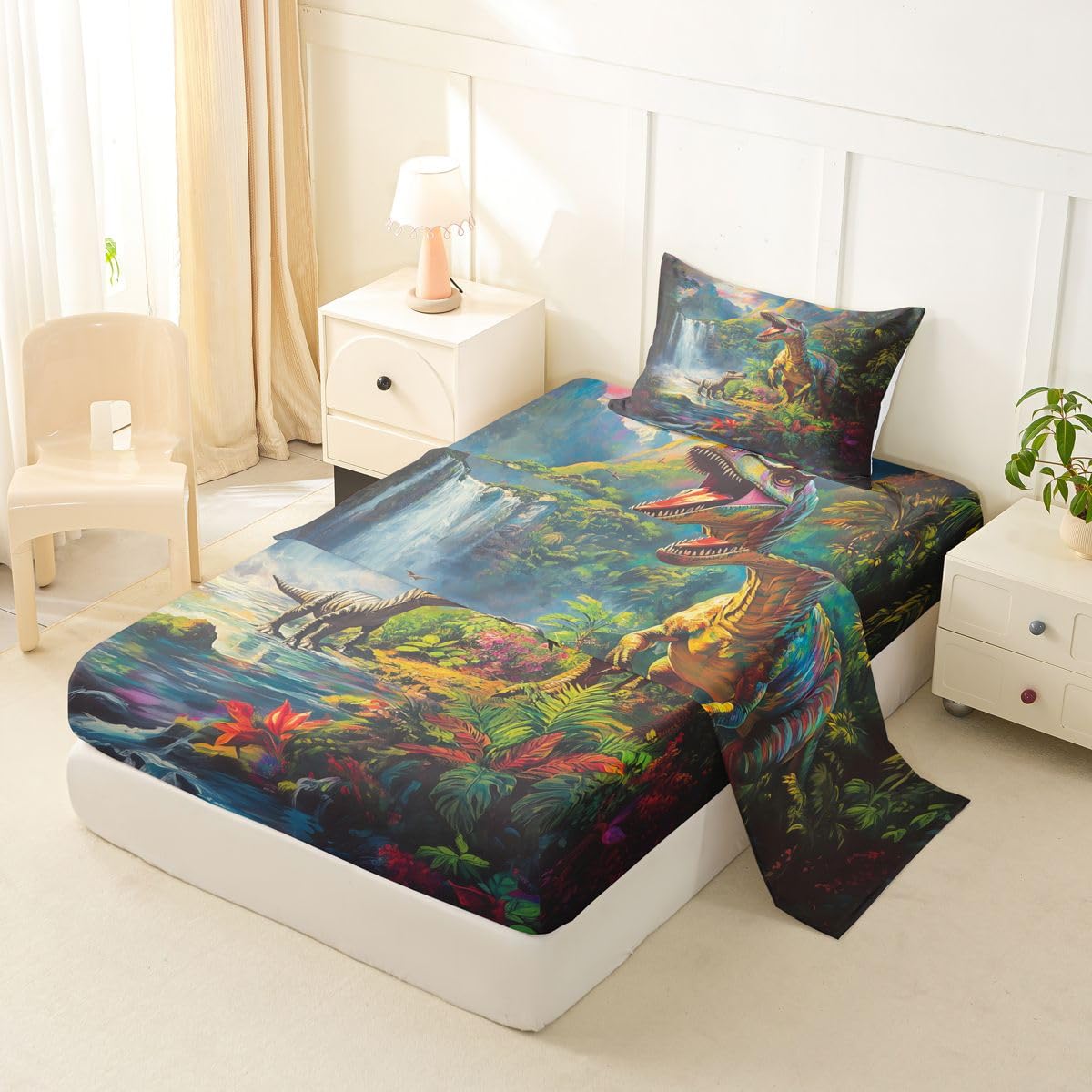 Feelyou Dinosaur Bed Sheets Set Twin Size 3D Digital Print Bed Set for Kids Boys Girls Jungle Dino Deep Pocket Fitted Sheet Wild Animal Breathable Soft Lightweight Microfiber Green Blue