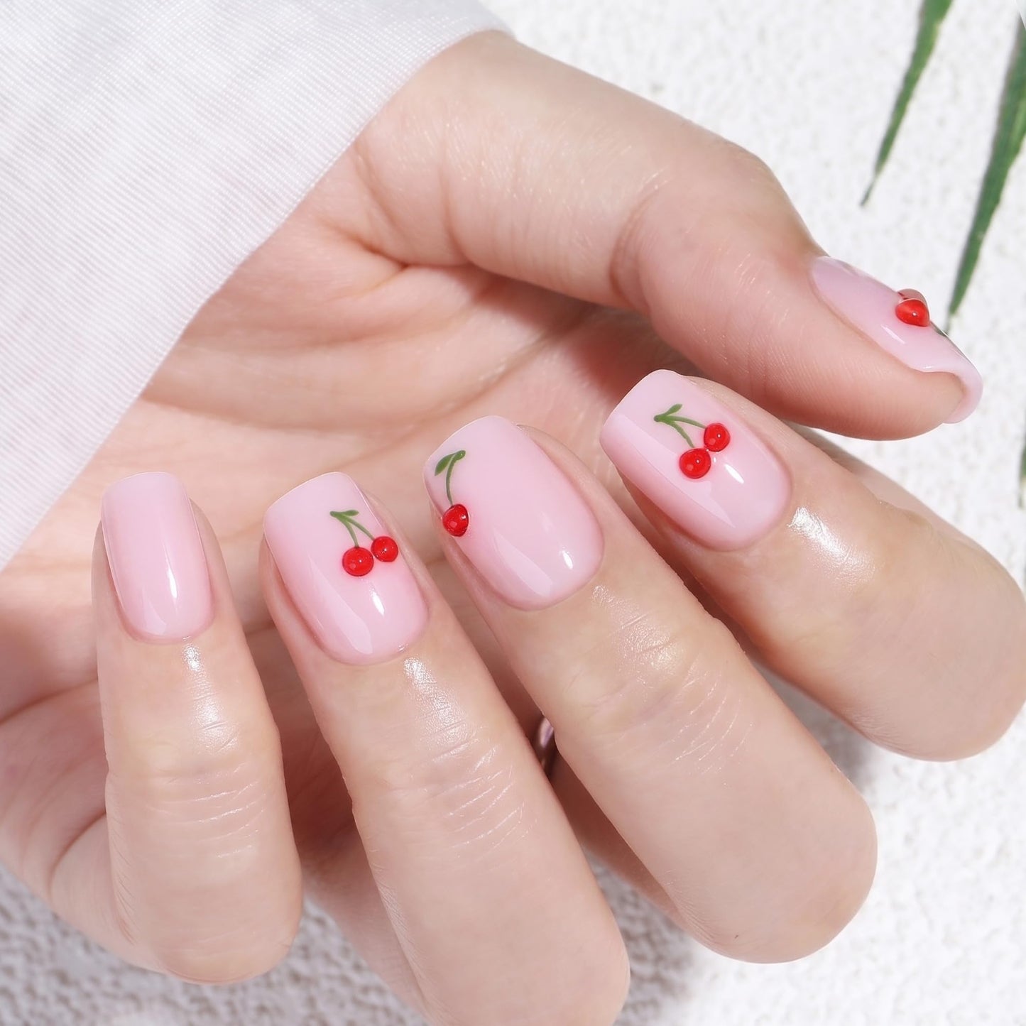 UNA GELLA Short Square Press On Nails Soft Gel - 32Pcs 16 Sizes Milky Pink Base Cherry Fake Nails with Glue and Adhesive Tabs, Reusable Glue On Nails Kit for Women Manicure