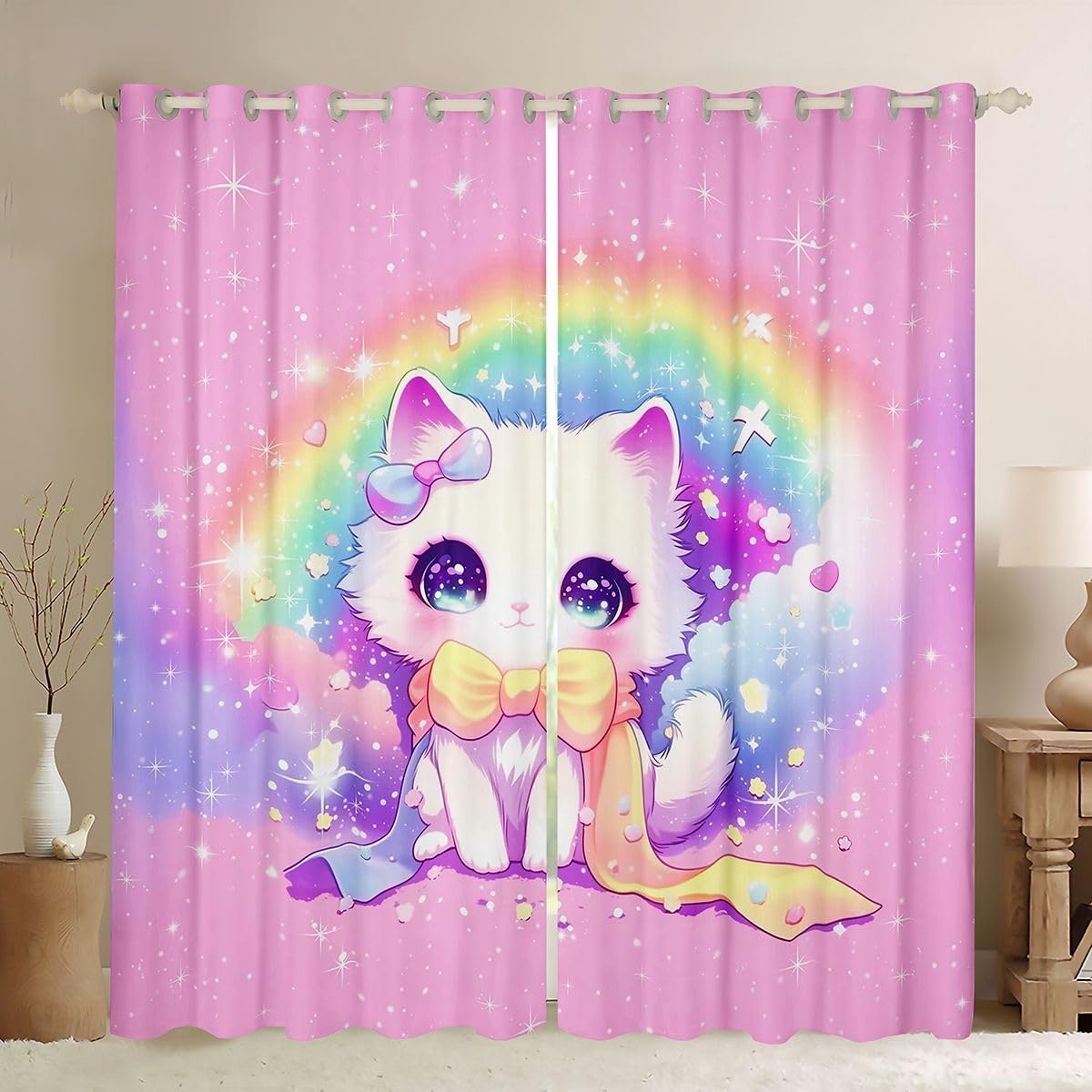 Feelyou Pink Cat Curtains for Bedroom Living Room Cute Kitten Blackout Shades Cute Animal Room Darkening Curtain Cat Lover's Gift Window Treatments, 2 Panels 42 x 84 Inch