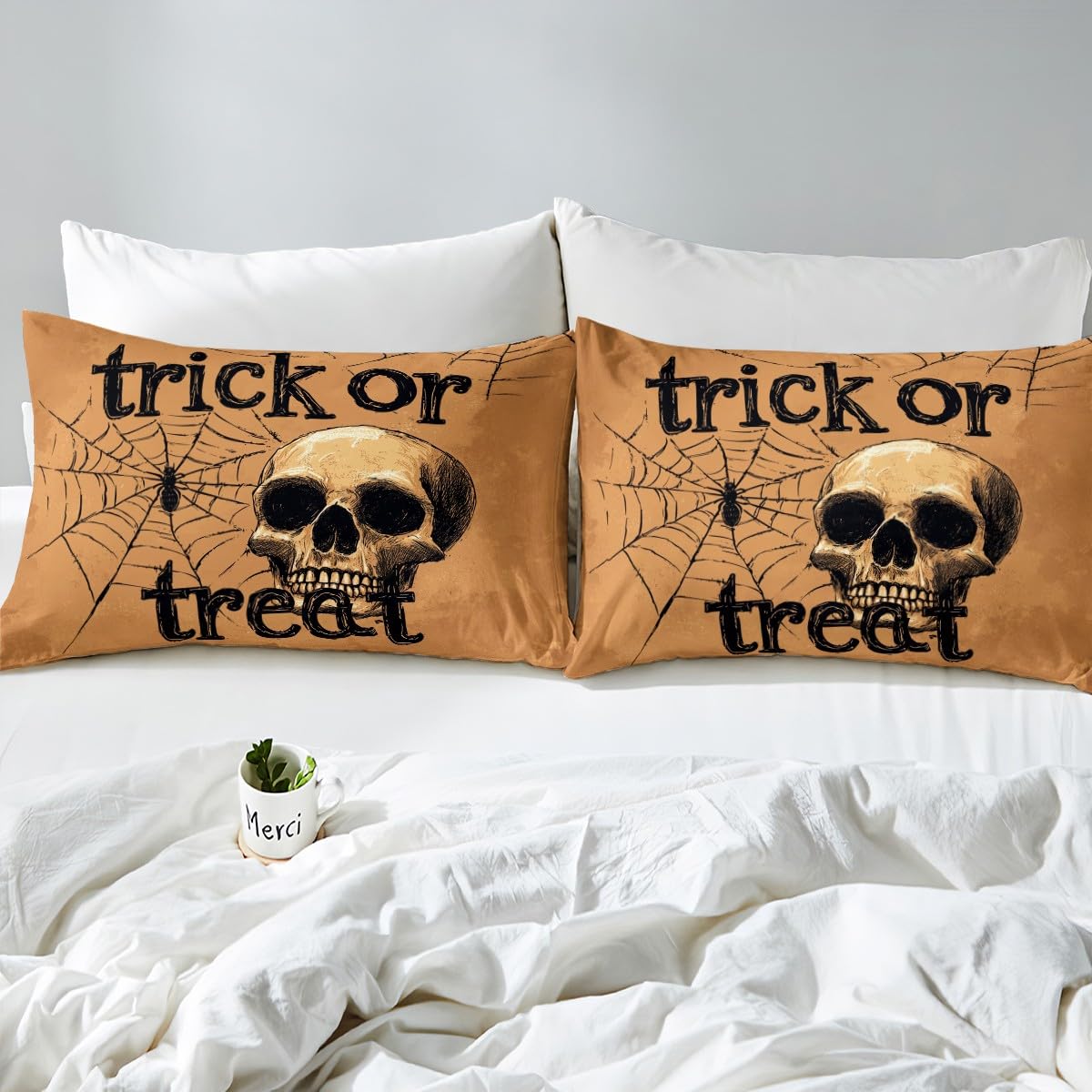 Feelyou Kids Halloween Bed Sheets Set Full Size, Trick or Treat Sheet Set Skull Decor Bedding Set Boys Girls Spider Web Teens Bedroom Decor Soft Bed Set 4Pcs