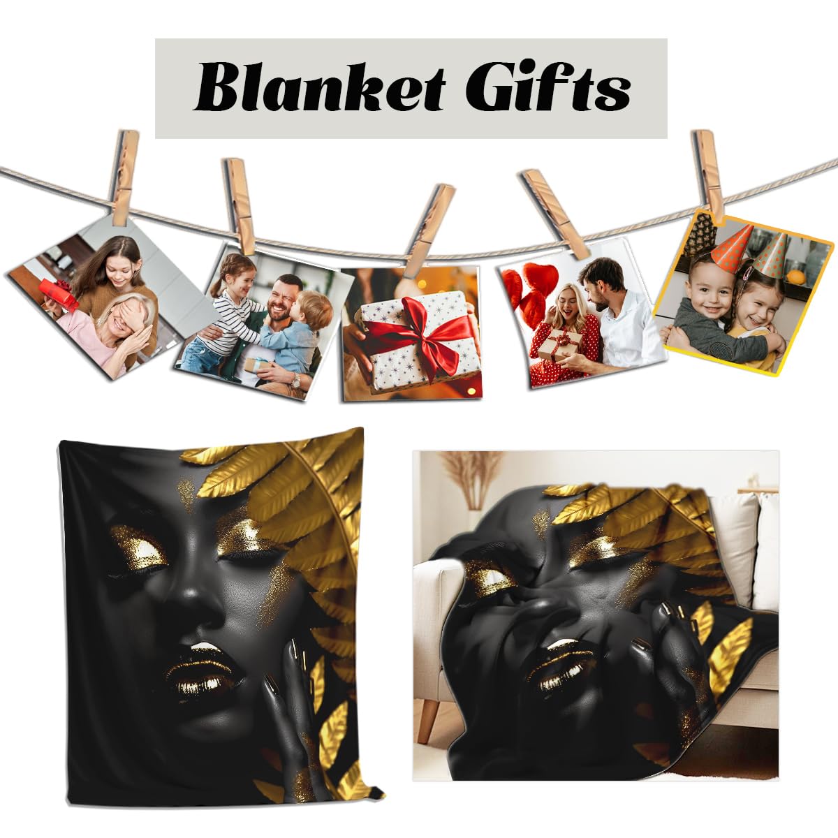 HUNXIAOJ African American Woman Blanket Throw Black Gold Print Flannel Blanket Gifts for Girls Female Women African American Couch Bed Living Room Home Decor 49"x59"