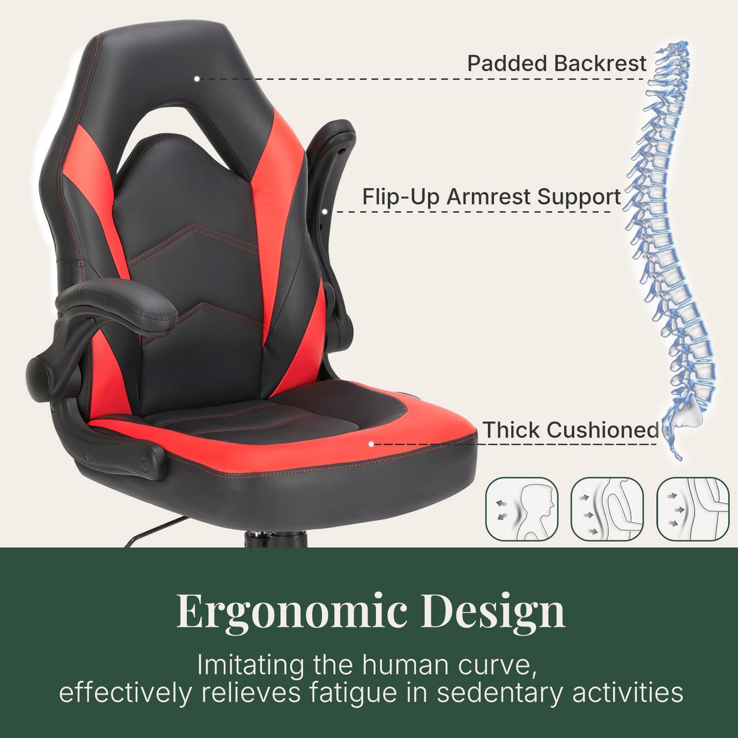HAPPYMONT Ergonomic Computer Gaming Chair with Flip-up Armrest, Height Adjustable PU Leather Home Office Desk Chair with Lumbar Support Swivel Wheels and for Adults and Kids, Scarlet Red
