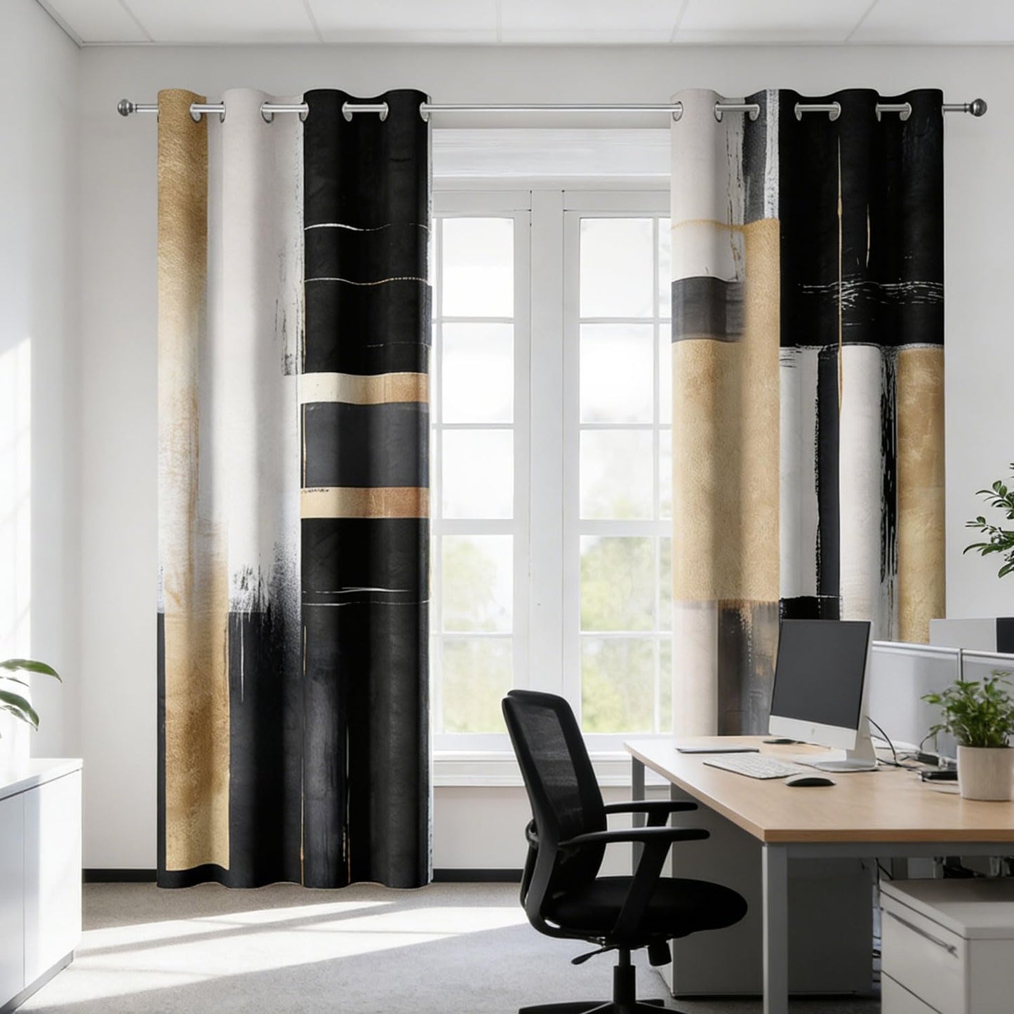 Xioistiy Black and Gold Abstract Blackout Curtains, Boho Modern Aesthetic Grommet Window Drapes, Beige Cream Tan Brown Oil Painting Neutral Art Curtain for Bedroom Living Room 2 Panels, 52"X84"