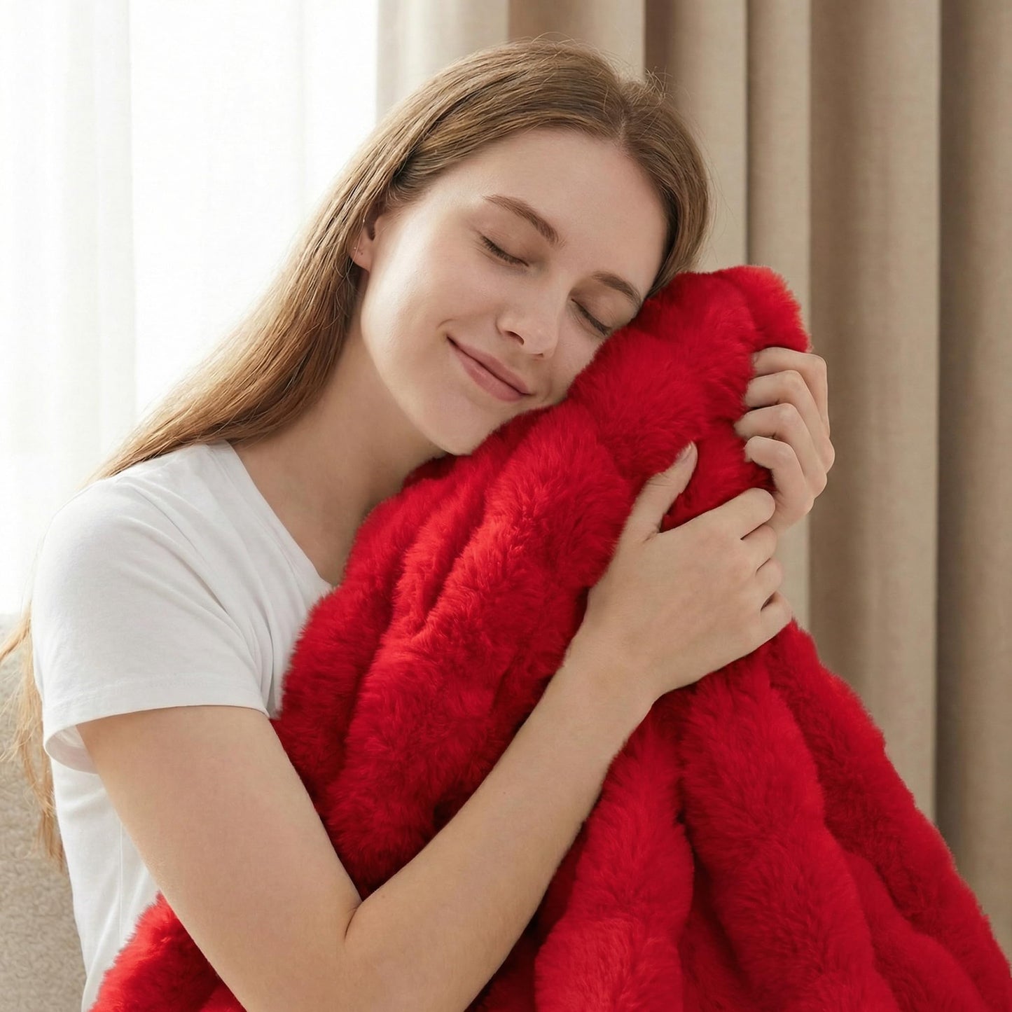 Leximan Cozy Faux Fur Throw Blanket for Couch, Reversible Plush Fluffy Decorative Bubble Throw for Sofa and Living Room, Soft Lap Blanket for Bed, Dog & Cat (Red, 40''x50'')