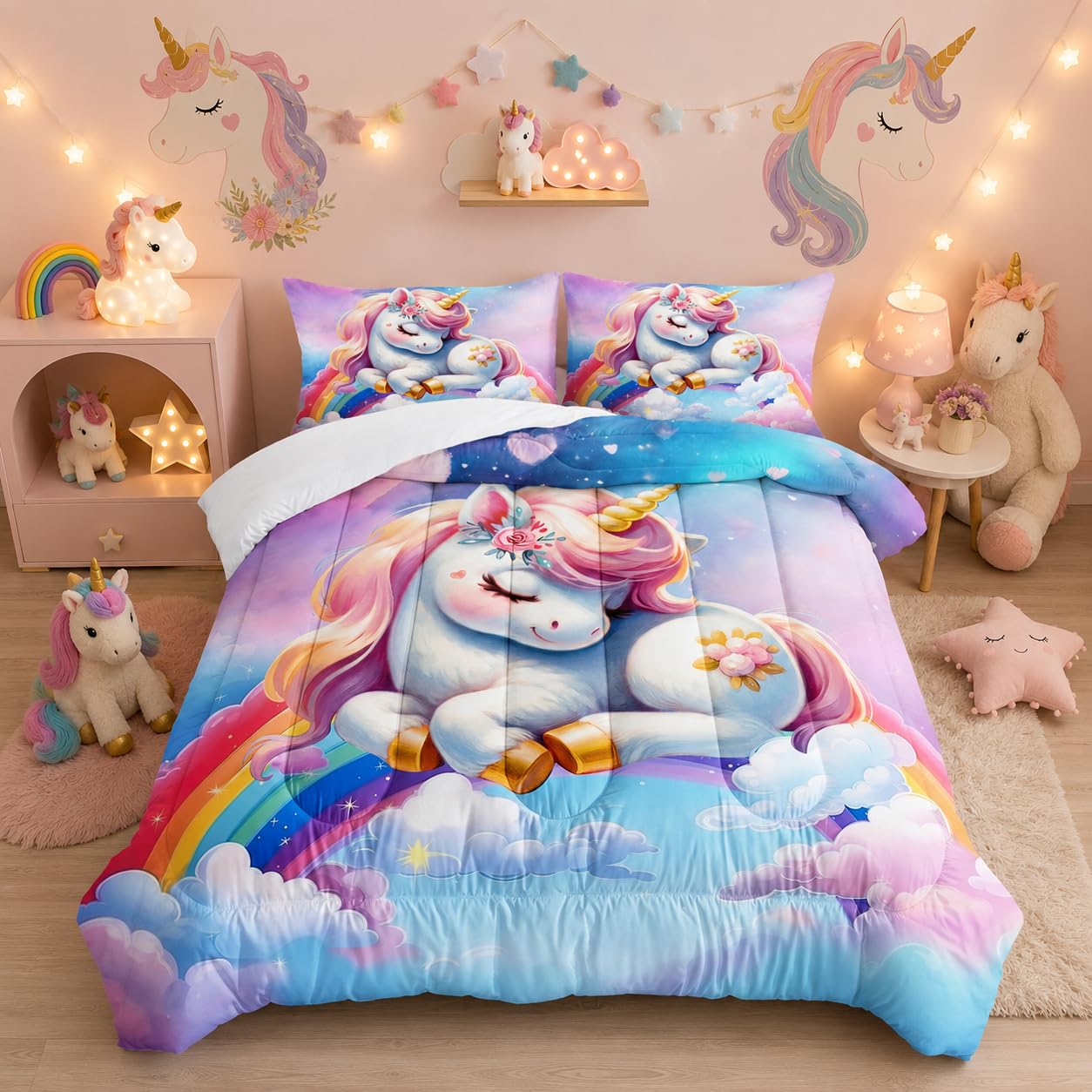 XYNHML Pink Blue Unicorn Comforter 3pcs Full Kids Clouds Rainbow Flowers Quilt Boys Girls Bedding Set Cute Printed Fantasy Room Decor Bed Set with 1 Comforter and 2 Pillowcases