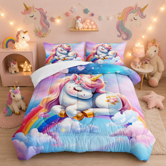 XYNHML Pink Blue Unicorn Comforter 3pcs Full Kids Clouds Rainbow Flowers Quilt Boys Girls Bedding Set Cute Printed Fantasy Room Decor Bed Set with 1 Comforter and 2 Pillowcases