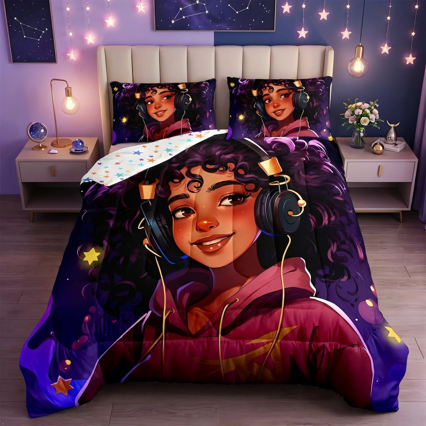 Erosebridal Afro Girls Bedding Set American African Princess Magical Comforter Set Purple Curly Hair Girl Quilt,Musical Headphone Kawaii Room Decor for Kids Teens Toddler Girls