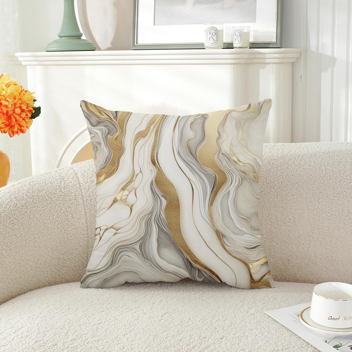 ZHLF Pack of 4,Gray Marble Throw Pillow Covers 18x18 Inch Two-Sided Grey Gold Abstract Art Modern Decorative Pillows Case Soft Cushion Covers for Couch Sofa Bed Home Living Room Décor