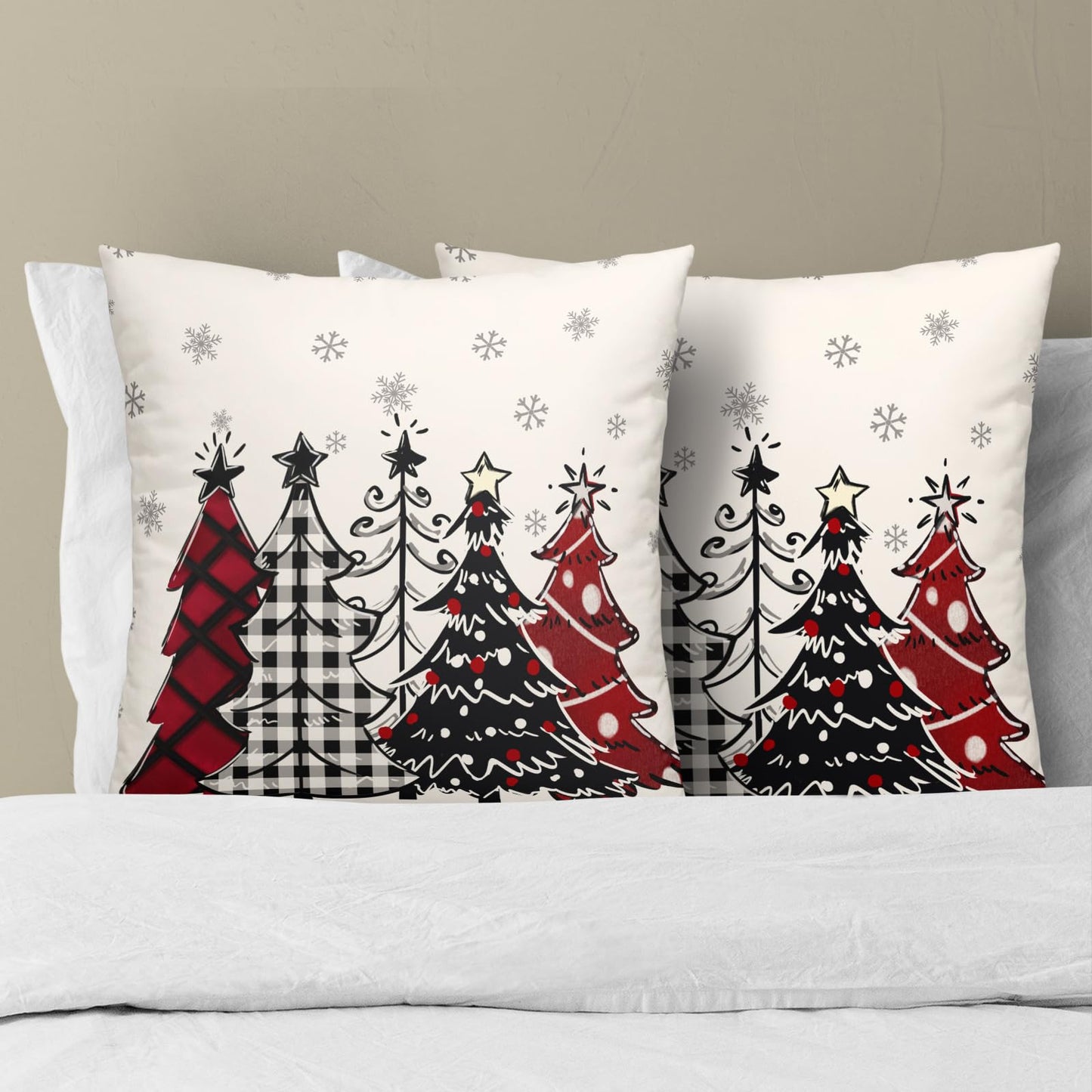 ABSOP Christmas Pillow Covers 18x18 Inch Red and Black Tree Pattern Decorative Throw Pillows Set of 2 Xmas Snowflake Pillowcases Winter Holiday Pillow Cases for Bedroom Sofa Home Decor