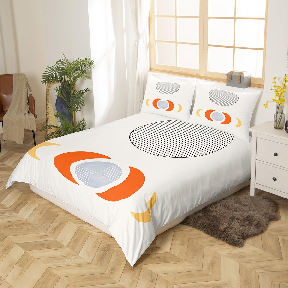 Erosebridal Mid Century Comforter Cover Abstract Moon Bed Set, Striped Duvet Cover Queen Size White Aesthetic Bedding Sets, Retro Minimalism Bedspread Cover Modern Art Bedroom Decor Ultra Soft 3pcs