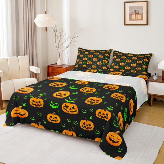 Halloween Fitted Sheet Set 4 Pieces Full Size, Holiday Theme Yellow Pumpkin Lantern and Green Gothic Sheet Set for Children Present, Bedding Set & 1 Flat Sheet & 2 Pillowcases