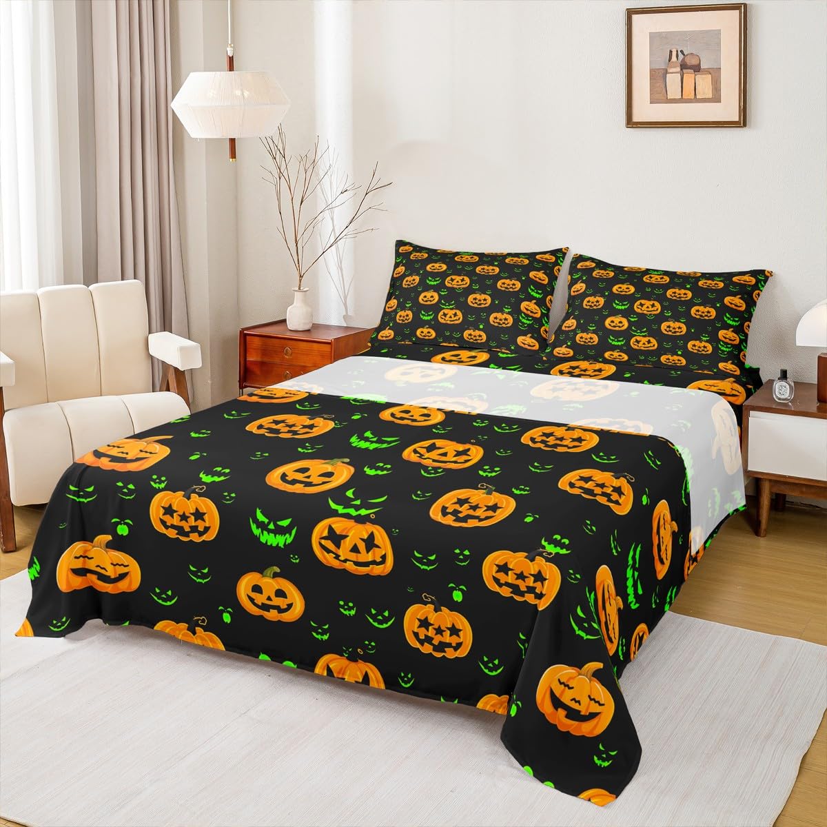 Halloween Bed Sheet Set 3pcs Twin Size, Yellow Pumpkin Lantern and Green Gothic Face Print Fitted Sheet + 1 Flat Sheet + 1 Pillowcase, Holiday Theme Bedding Set for Kids Boys Girls Bedroom