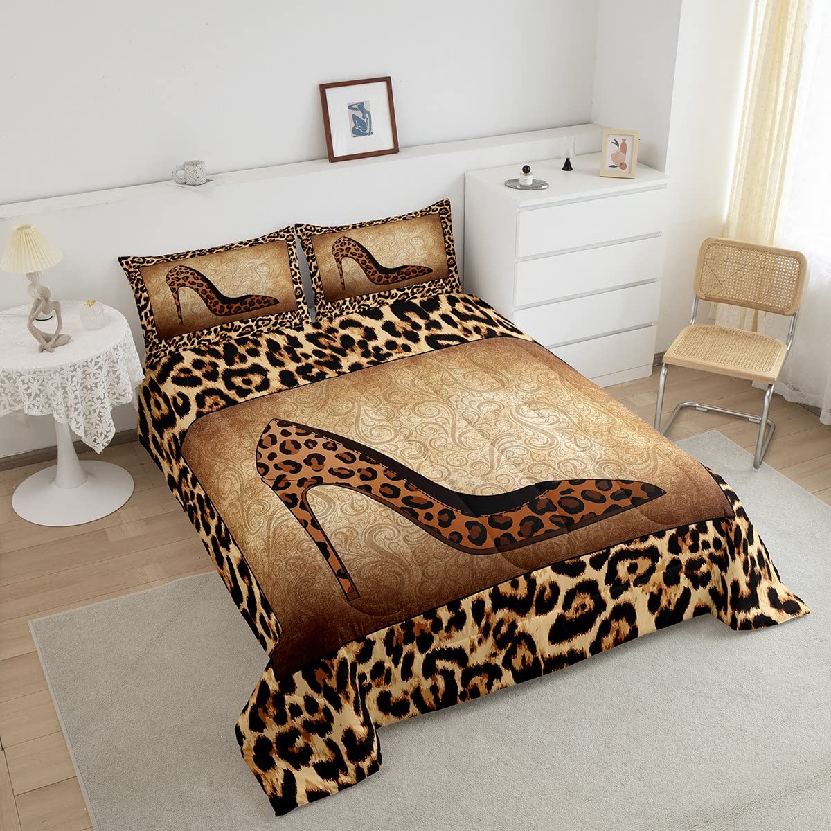 Leopard High Heels Bedding Set Full Size Romantic Mandala Floral Comforter Set 3pcs for Kids Girls Women Adult Room Decor Wild Animals Skin Quilt Set Fashion Brown Duvet Insert,2 Pillowcases