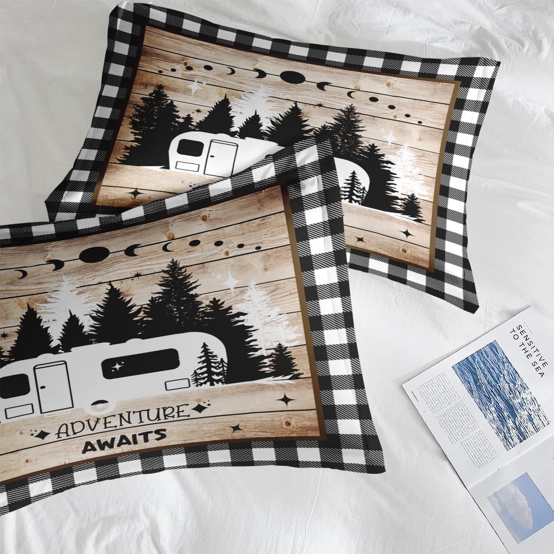 Pamnest Comforter Set Full Size, Camping Camper Rv 7 Pcs Bedding for Kids and Adults, Car Family Bed Sheet Sets with Fitted Sheet 2 Pillowcases & 2 Shams for Bedroom Bed Decor