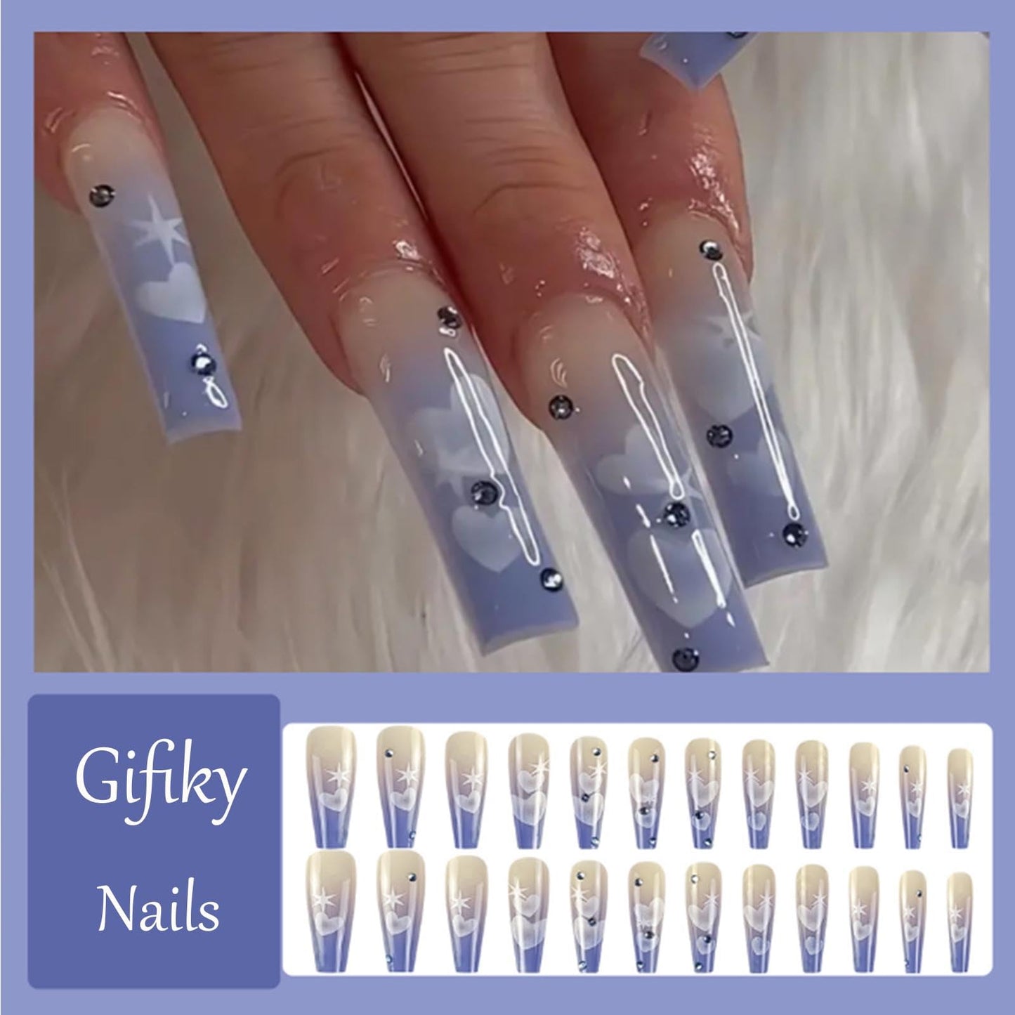Gifiky Gradient Fake Nails Long Coffin Press on Nails Love Heart Pattern Nails Tips Acrylic Full Cover False Nails Blue for Women and Girls 24Pcs