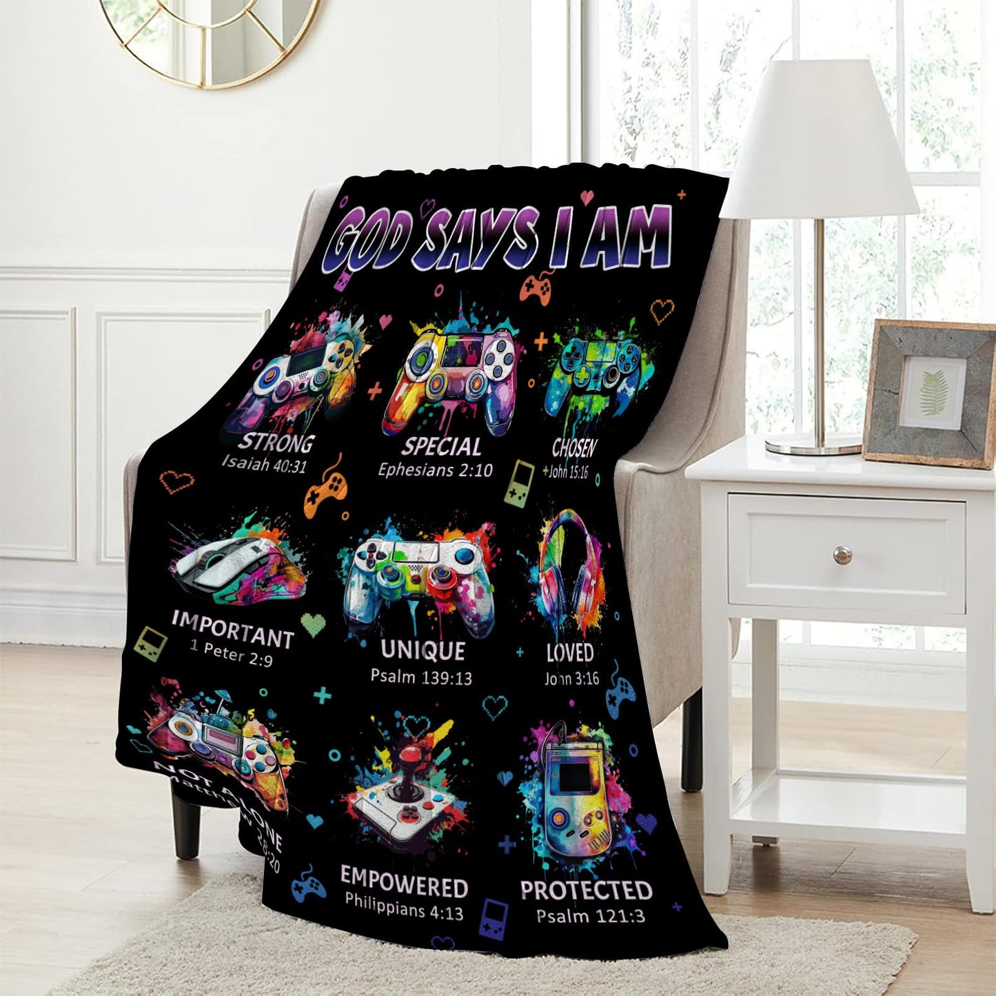 CIUGOIG Christian Gifts for Men Boys, God Says I Am Gamer Blanket 50"x60", Inspirational Religious Birthday Gifts for Game Lover Bible Verse Blanket, Gaming Gifts for Gamer, Christian Game Gifts