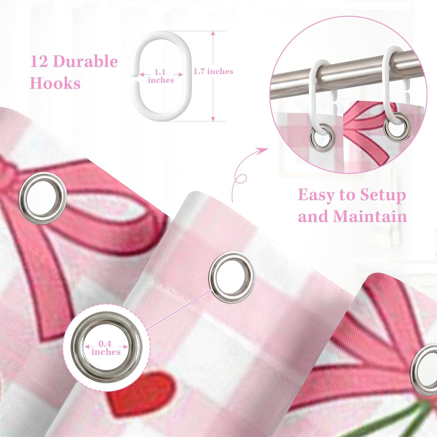 Cosovia Bow Shower Curtain with Scalloped, Pink Cherry Checkered Washable Waterproof Shower Curtains for Bathroom Decor with 12 Hooks, 72x72 Inch