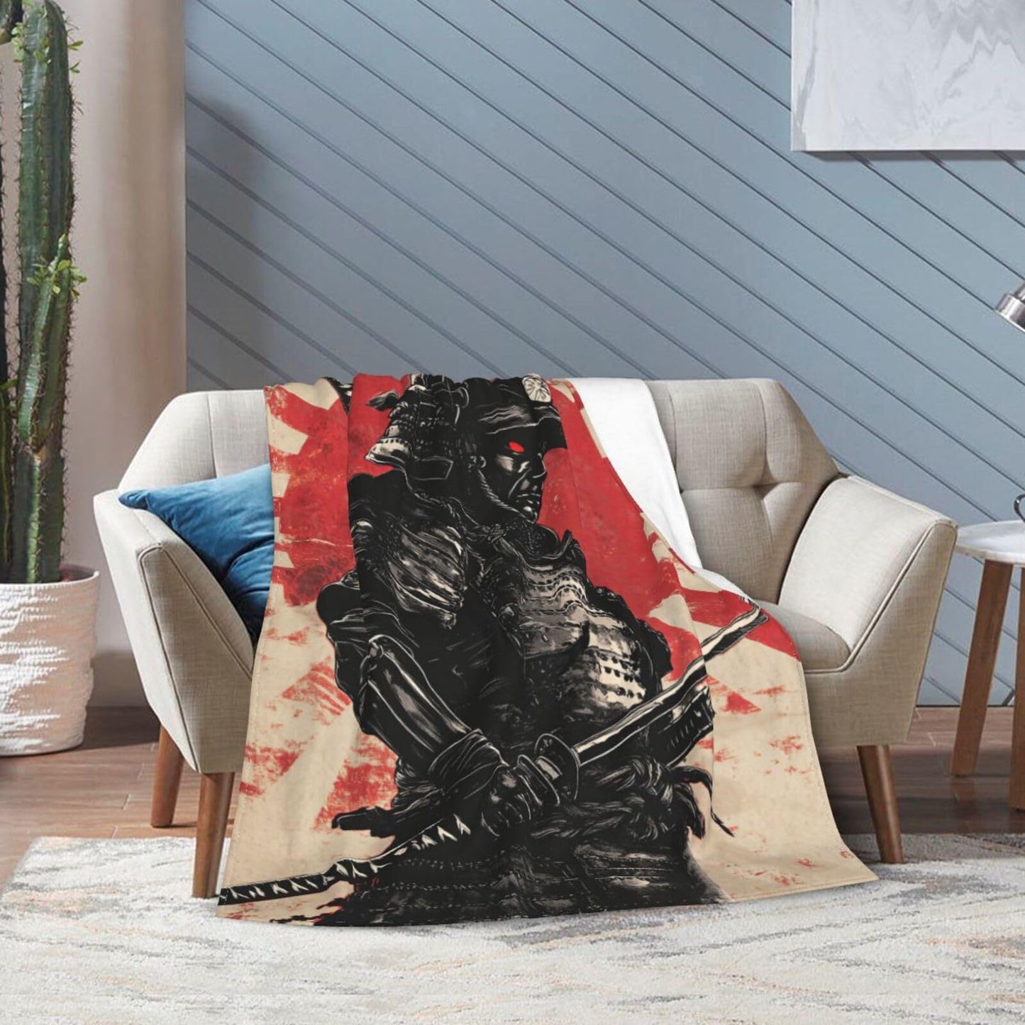 Japanese Samurai Throw Blanket Asian Warrior Flannel Blankets Japan Bushido Fuzzy Plush Super Soft Cozy Warm Decor Gifts for Boys Girls Kids Adults Men Women 40" x 50"