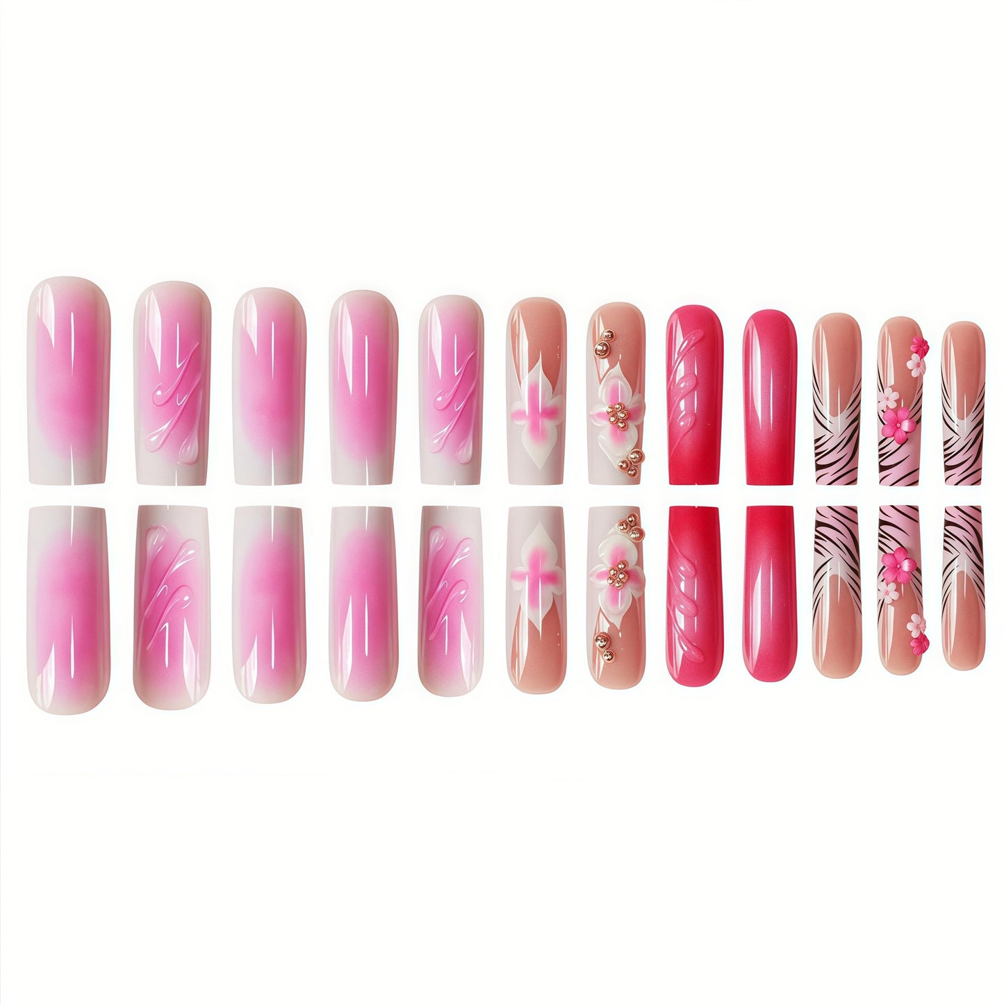 Long Press on Nails Square Fake Nails Pink French Artificial Nail with 3D Floral Designs Glitter Cute Stick on Nail for Women 24pcs