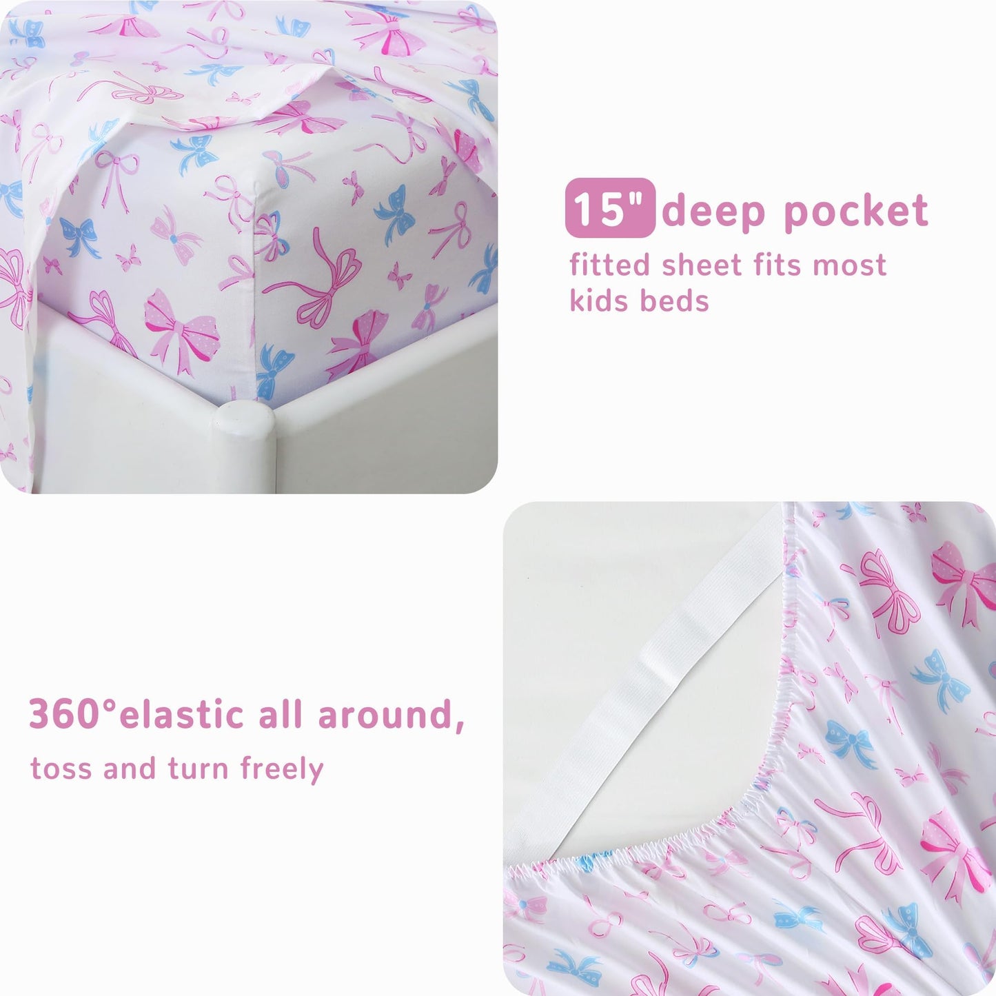 Softan Kids Bed Sheet Set, Girls Full Size Kids Sheets, Microfiber Fitted Sheet and Pillowcase, Breathable and Silky Soft, 4 Piece Colourful Bowknot Printed Full Bed Sheet