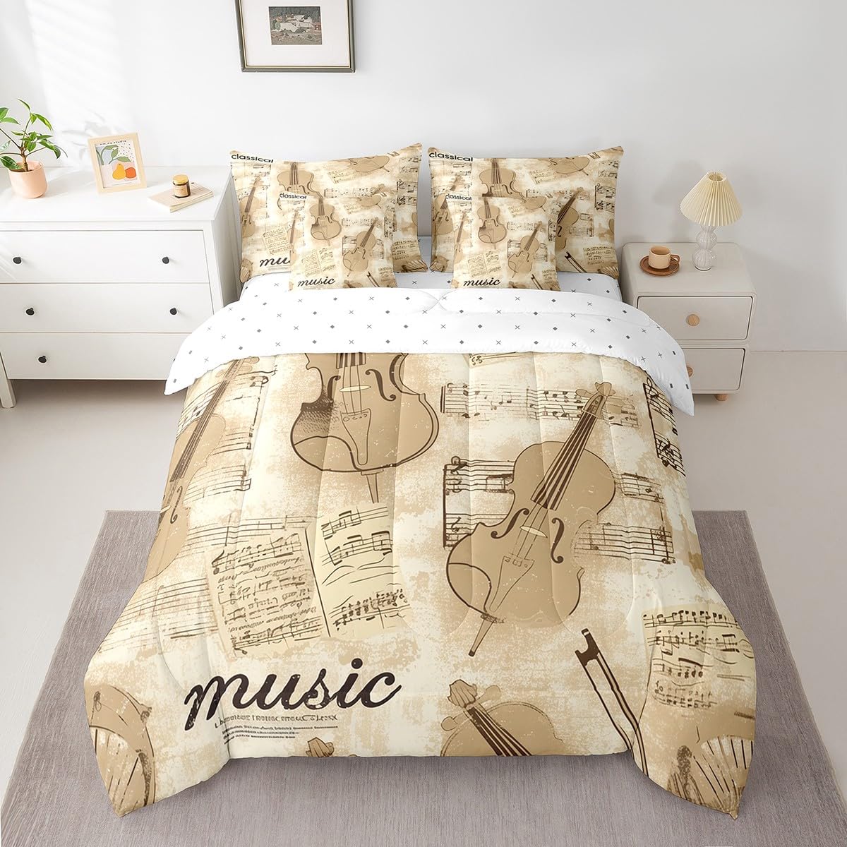 Erosebridal Vintage Violin Comforter Set 7 Piece Bed in a Bag Twin,Abstract Cello Bedding Sets Music Notes Comforter and Sheet Set,Violoncello Musical Instruments Bed Set
