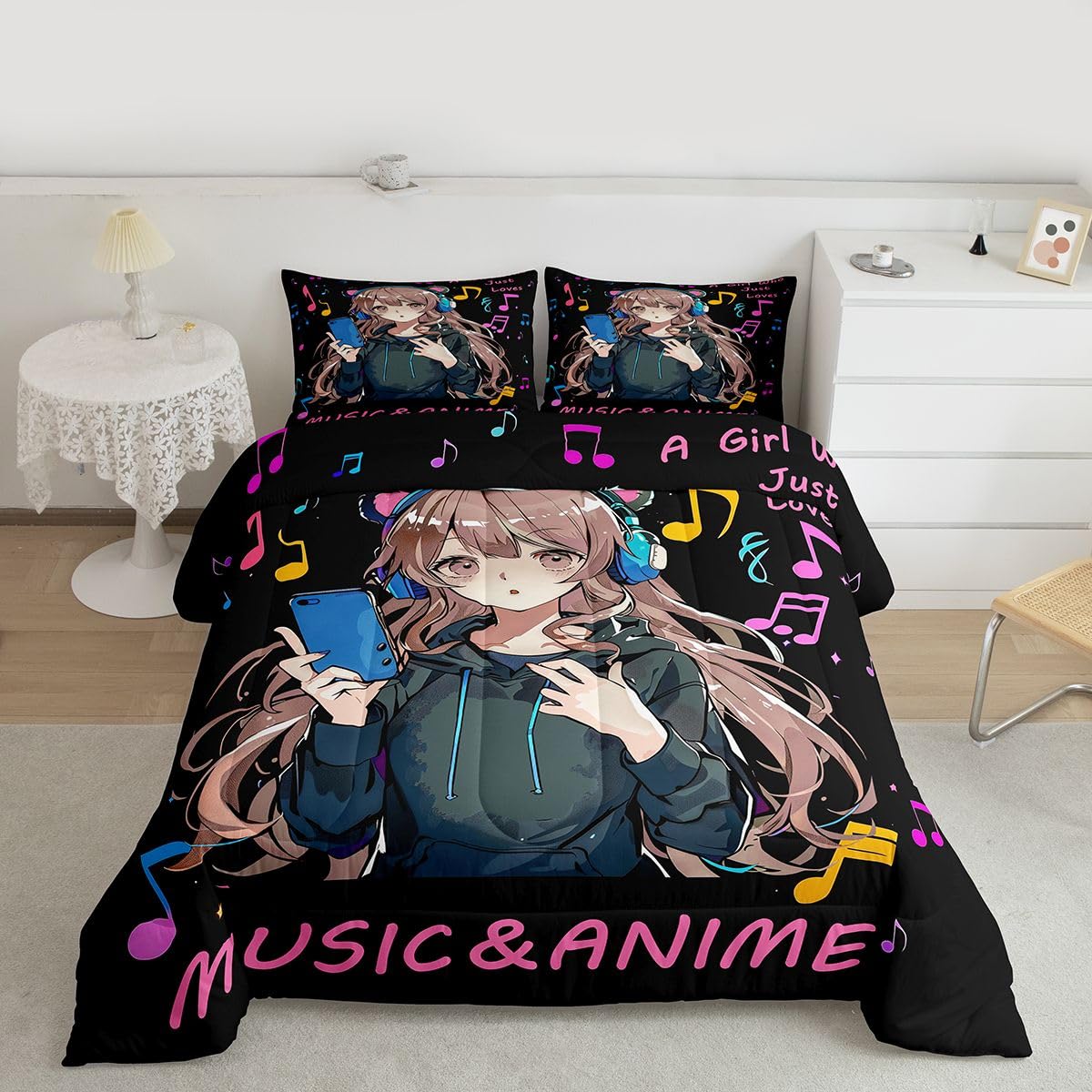 Erosebridal Pink Anime Girl Twin Bedding Set,Music Note Comforter Set Anime Gifts for Kids Teen Girls,Musical Themed Quilt Bed Set Japanese Anime Bedding Comforter Sets,1 Pillowcase Room Decor