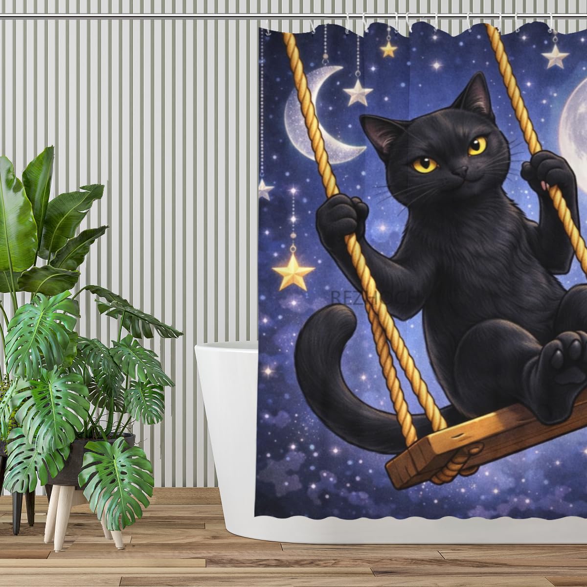 REZHOCH Funny Black Cat Shower Curtain 72x72 Inch,Cute Animal on Swing,Nature Scenery Floral Home Bathroom Decor,Waterproof Fabric Country Farmhouse Flowers Bath Set with Hooks