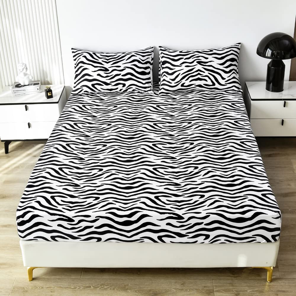 Black White Leopard Print Fitted Sheet Twin Girls Women Luxury Cheetah Print Bed Sheet Set Kids Bedroom Wild Animal Decor Bed Cover with Deep Pocket Fitted Sheet Stripe Lines Bed Set (No Flat Sheet)