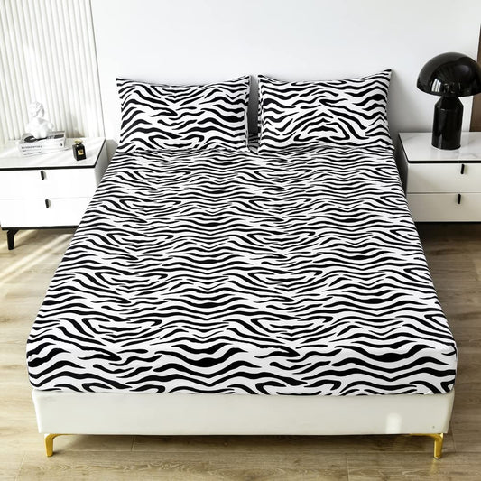 Black White Leopard Print Fitted Sheet Twin Girls Women Luxury Cheetah Print Bed Sheet Set Kids Bedroom Wild Animal Decor Bed Cover with Deep Pocket Fitted Sheet Stripe Lines Bed Set (No Flat Sheet)