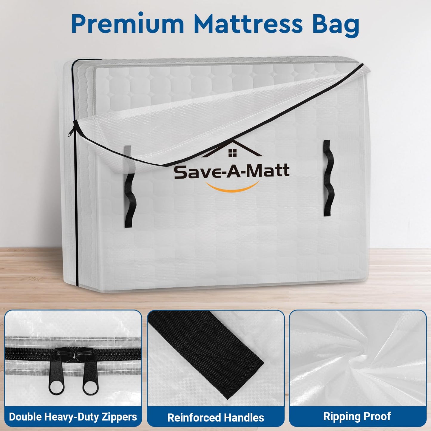 SaveAMatt Mattress Bags for Moving -Extra Thick Queen Mattress Storage Bag, 8 Strong Handles & Reinforced Stitching, Waterproof Reusable Clear Mattress Cover Protector (82’’x63’’x15’’ Queen Size)