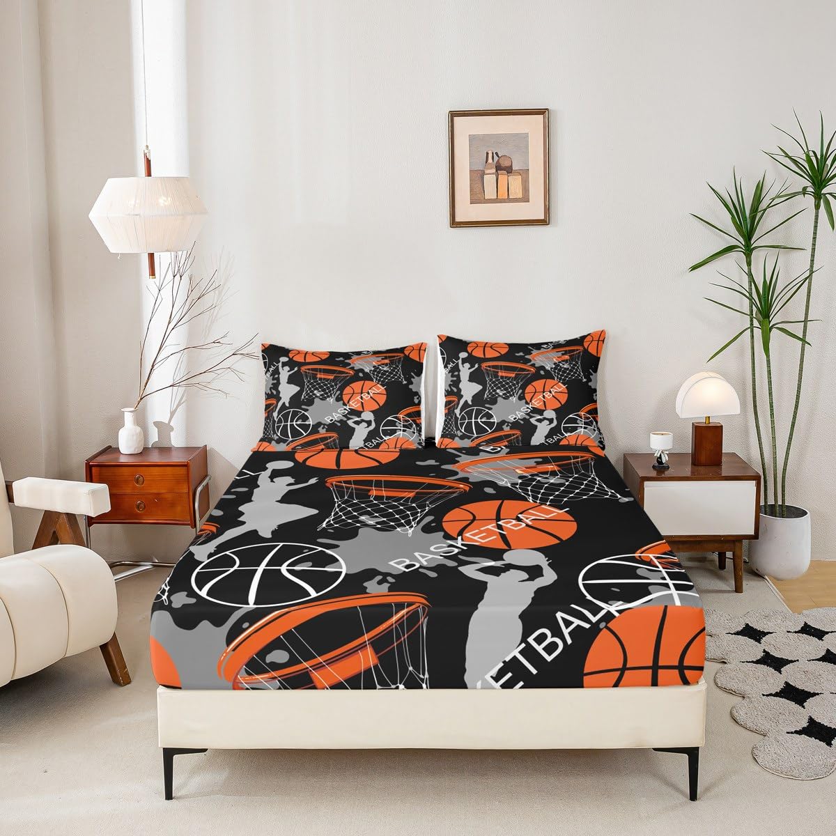 Feelyou Basketball Fitted Sheet for Kids Boys Girls Teens Sport Theme 3D Basketball Star Bed Sheet Set Skin-Friendly Microfiber Bed Cover Decor 3Pcs Bedding Set with 2 Pillowcases Full
