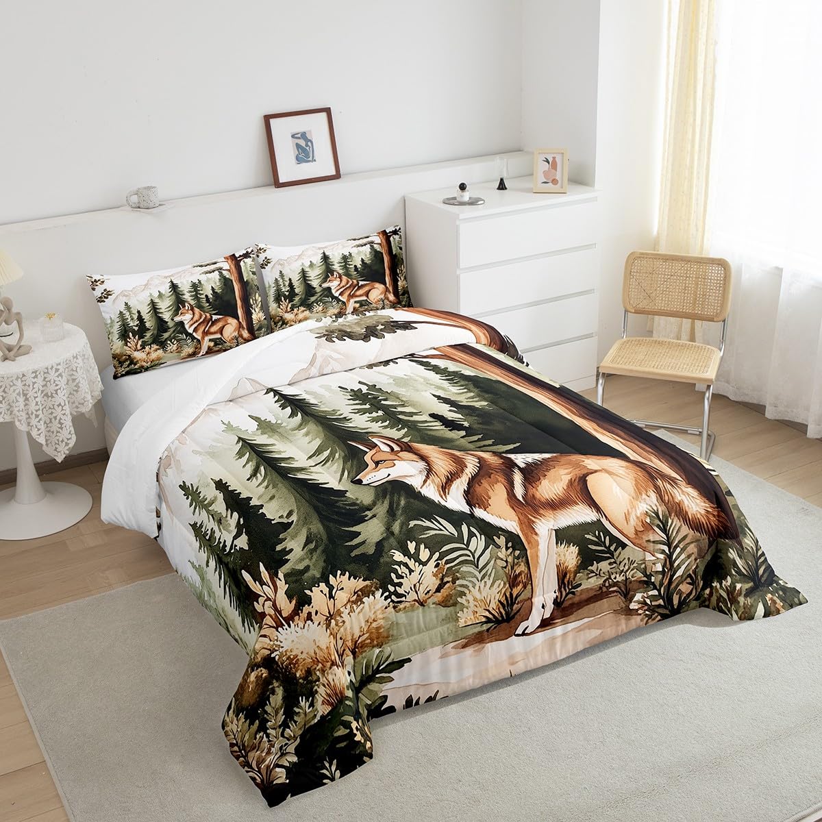 Wolf Bedding Set Full Size,Pine Tree Wild Animal Comforter Set for Kids Girls Boys Adults Room Decor,Jungle Woodland Botanical Duvet Insert 3Pcs,Wildlife Plant Microfiber Quilt Set,2 Pillowcases