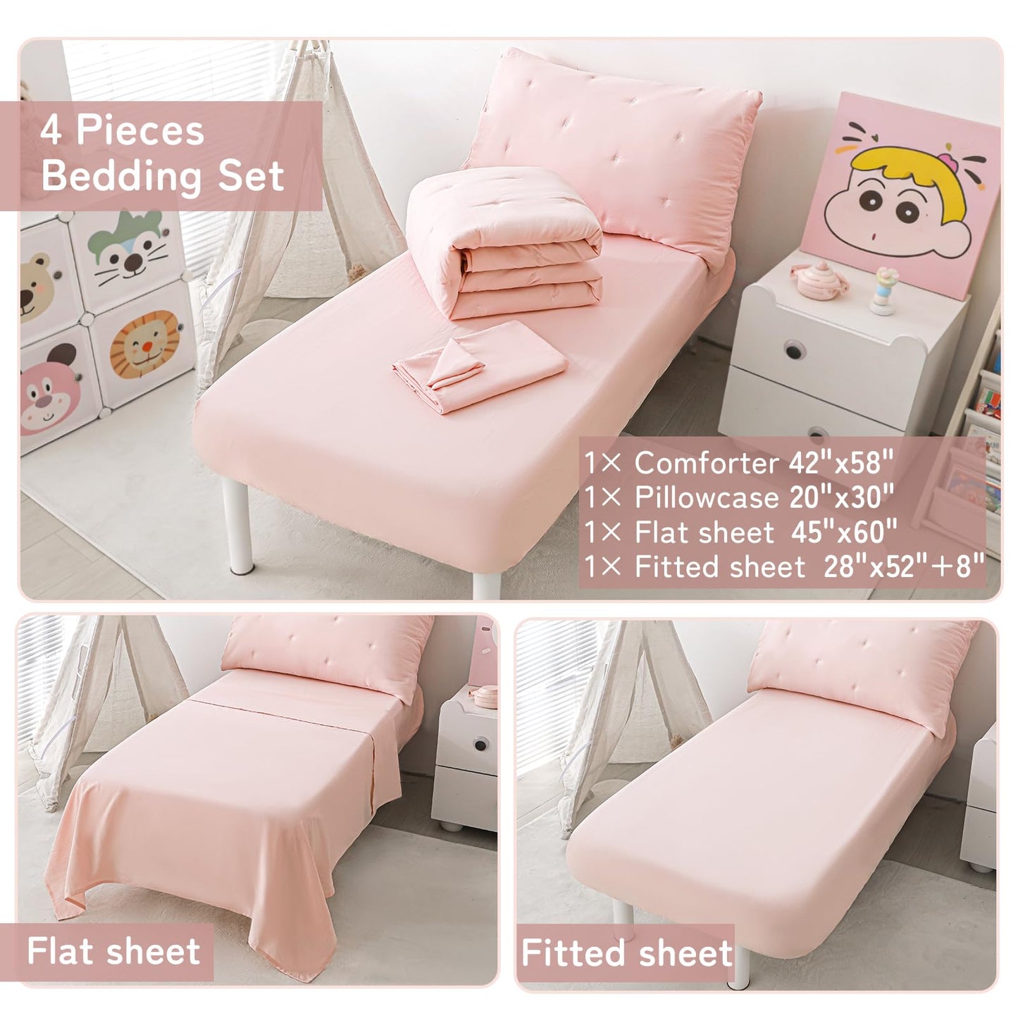 DreLunis Pink Toddler Bedding Sets for Girls, 4 Pieces Bed-in-a-Bag for Toddler Girl, Soft Microfiber Lightweight Breathable Toddler Bed Comforter with Flat Sheet, Fitted Sheet, Envelope Pillowcase
