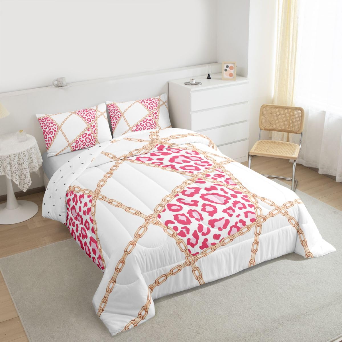 jejeloiu Leopard Comforter Set Queen Size Iron Chain Print Bedding Set for Kids Boys Girls Cheetah Cow Fur Duvet Quilt Animal Print Bedroom Decor Microfiber 3 Pcs with 2 Pillow Cases