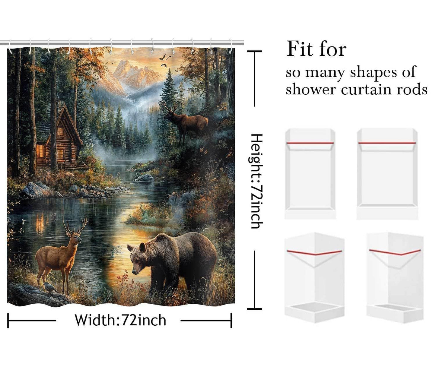 Dizifinn Rustic Shower Curain, Country Cabin Woodland Bear Moose Deer Bathroom Accessories, Farmhouse Hunting Camp Fabric Shower Curtains for Bathroom Decor, with Hooks 72x72 Inch
