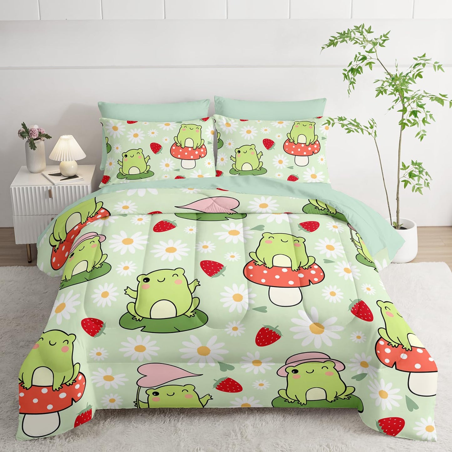 AILONEN Kawaii Frog Comforter Set Full 7-Piece Bed in a Bag,Green Cute Frog Bedding Set for Kids Boys Girls,Soft Comforter & Fitted Sheet with Flat Sheet,2 Pillowcases,2 Pillow Shams