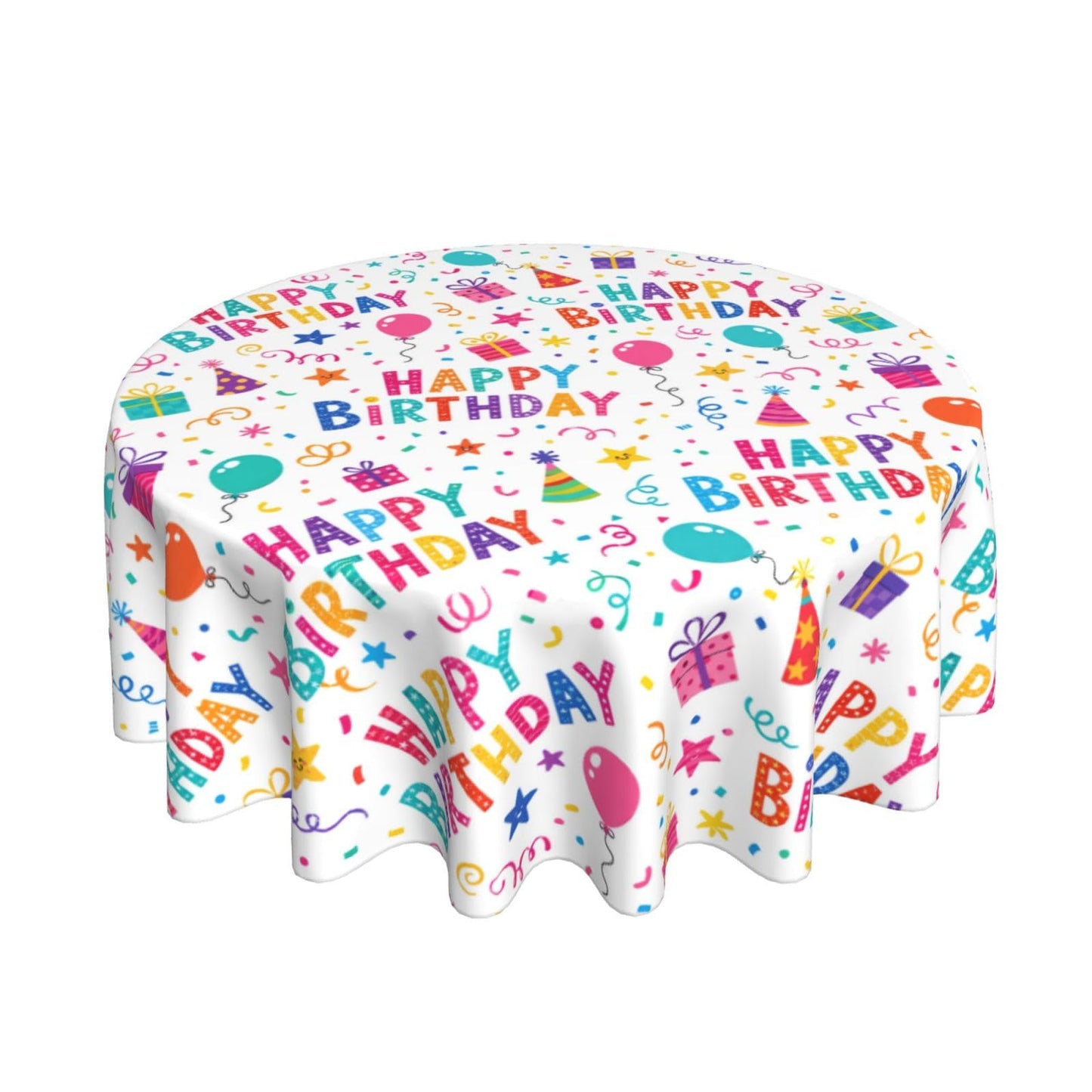 mutakin Happy Birthday Tablecloth Round Table Cloth Washable Rustic Table Cover for Decoration Kitchen Dining Room 60 Inch