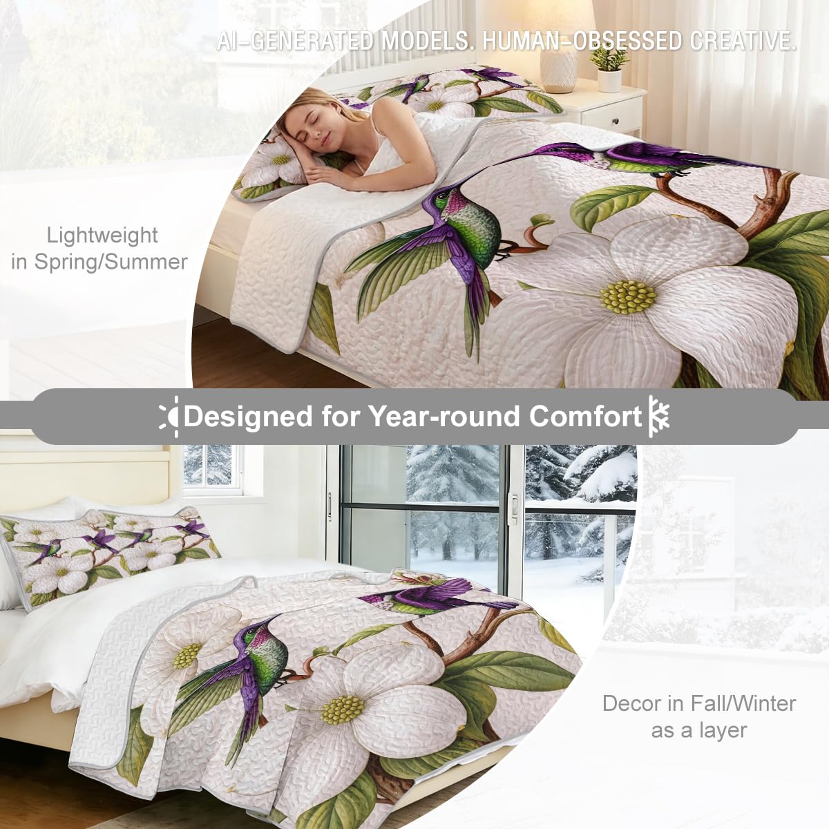ARIGHTEX Flower Bird Quilt Set Queen Size Magnolia Couple Hummingbird Floral Bedding Set Lightweight Botanical Quilt Soft Microfiber Bedspread Romantic Coverlet Set with Shams