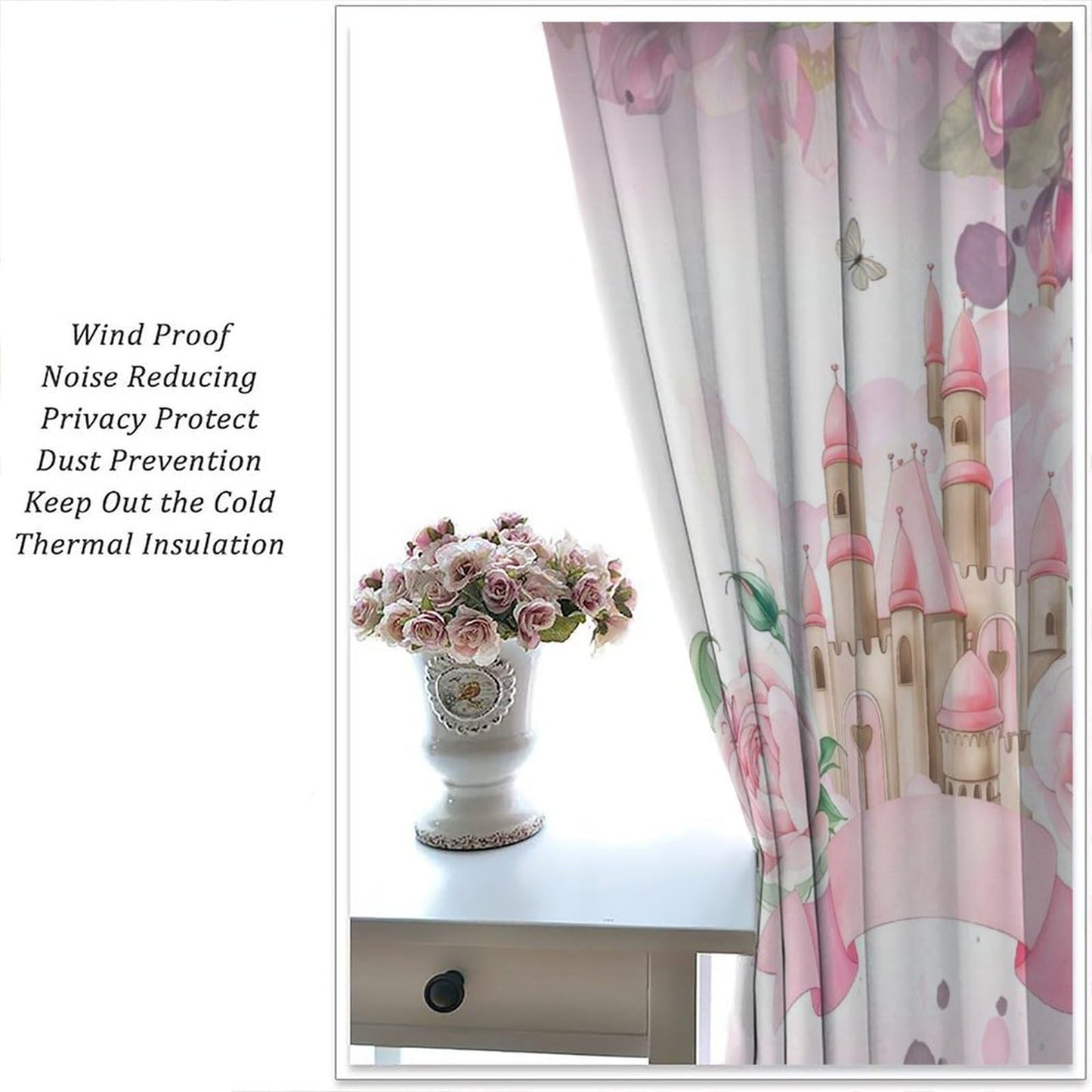 Pink Princess Castle Curtains For Girls Magic Fairy Tale World One Romantic Floral Castle Pattern Rod Pocket Window Treatments for Kids Bedroom Living Dining Room 2 Panels Set 41x 45 in （No Blackout）